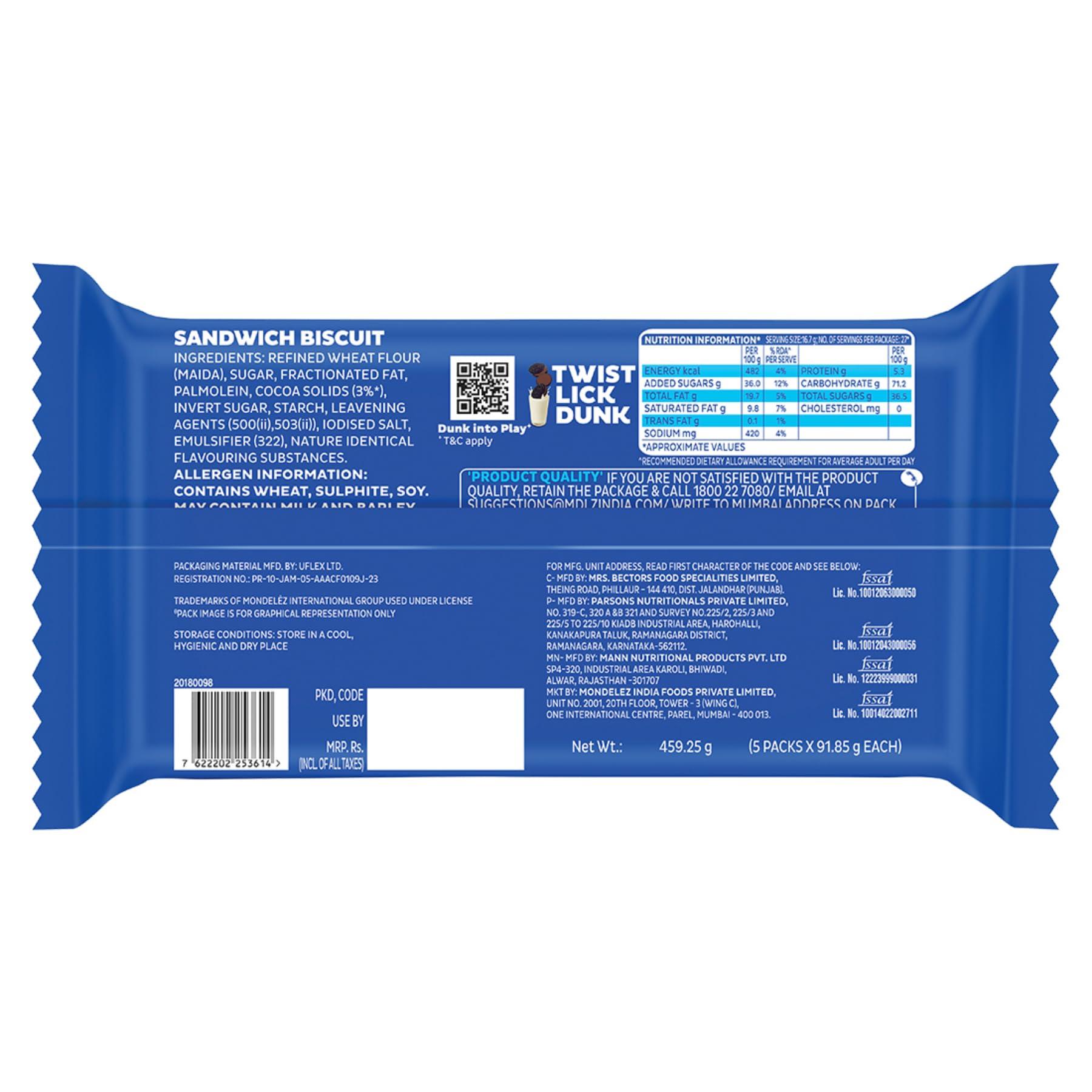 Oreo Oreo Cadbury Chocolate Flavour Cream Sandwich Biscuit, 481.25 Gram , Pack Of 2 X 481.25 Gram Jumbo Pack