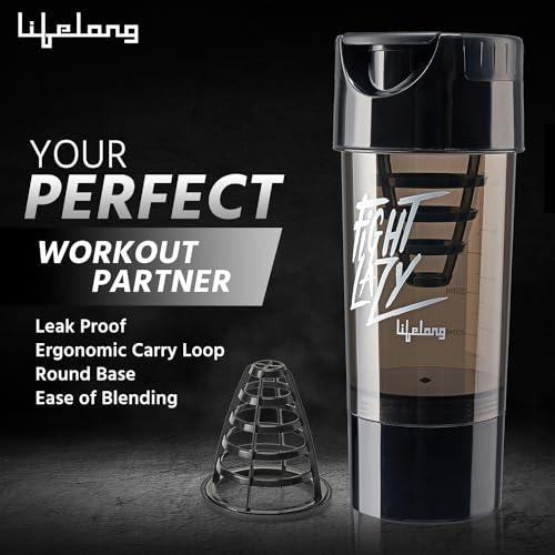 Lifelong Lifelong Protein Shaker|100% Leakproof Stylish Protein Shaker Bottle with Extra Compartment|BPA Free Sipper Bottle|Gym Bottle for Protein- 500ml (LLSHB02, Black),Plastic