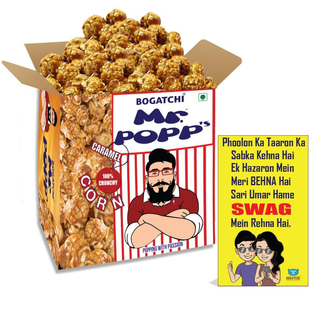 BOGATCHI BOGATCHI Mr.POPP's Caramel Popcorn, 100% Crunchy Mushroom Popped Kernels, Handcrafted Gourmet Popcorn, Perfect Rakhi Gift for Girl , 250g + Free Happy Rakhi Greeting Card