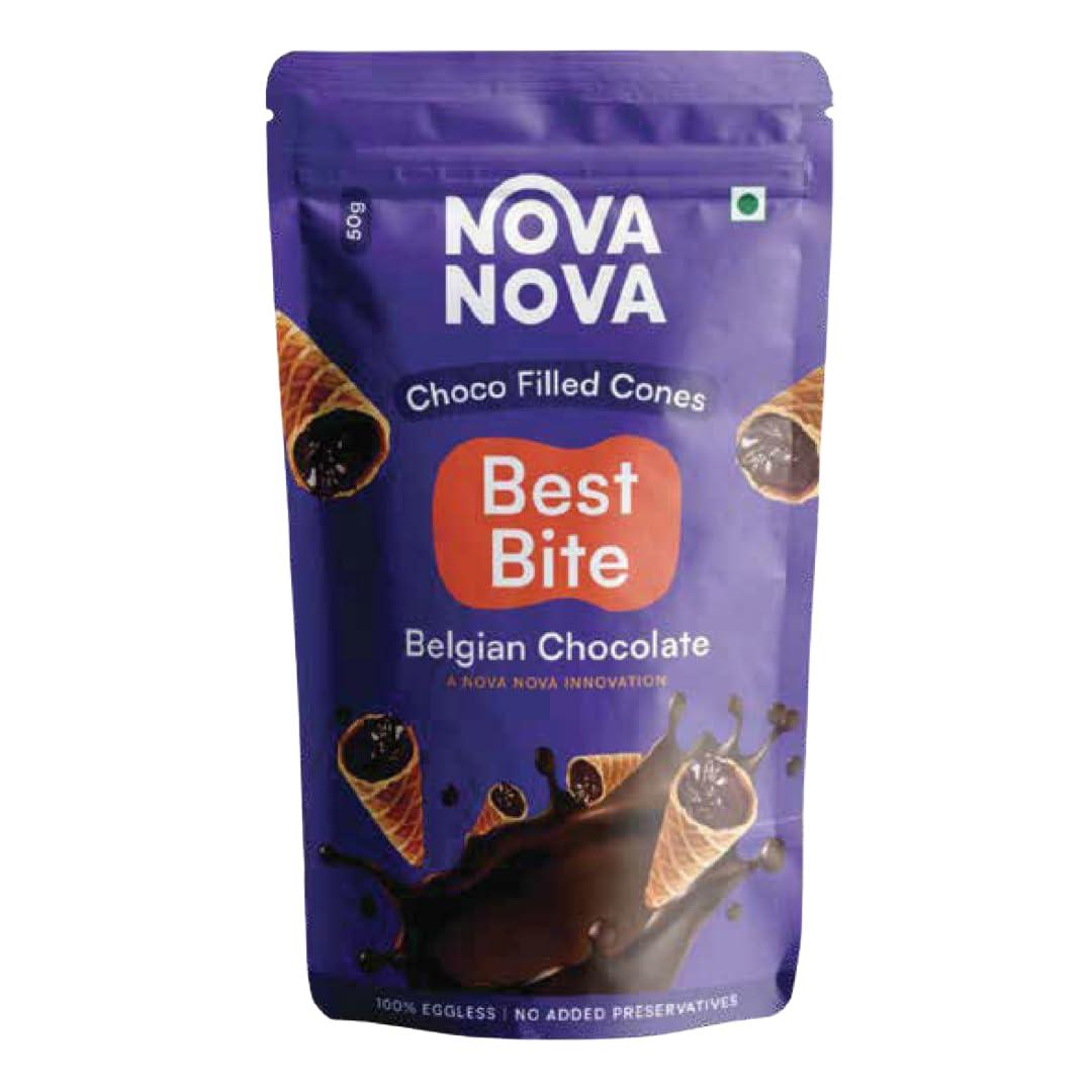 NOVANOVA Nova Nova Best Bite Choco Filled Cones | Belgian Chocolate - Pack of 2 | 100% Eggless | No Added Preservatives (100g)