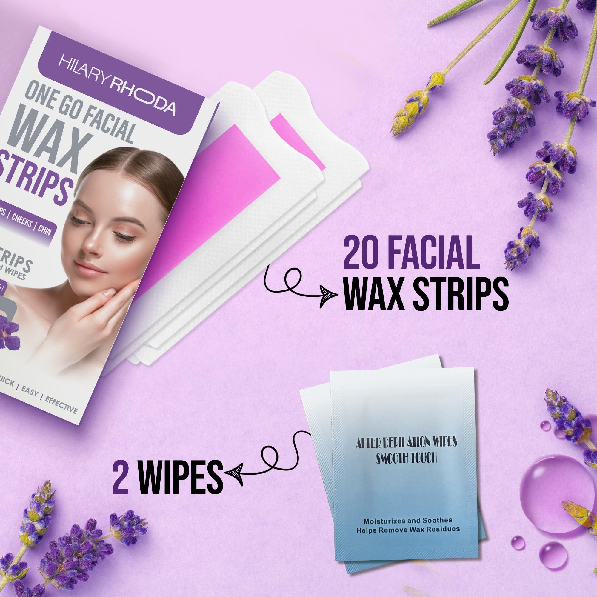 Hilary Rhoda Hilary Rhoda One Go Facial Wax Strips | Ready-To-Use Facial Wax Strips | Face, Cheek, Upper Lip & Chin Facial Wax | Painless Hair Removal | With 2 Finish Wipes | 20 Strips (Lavender)
