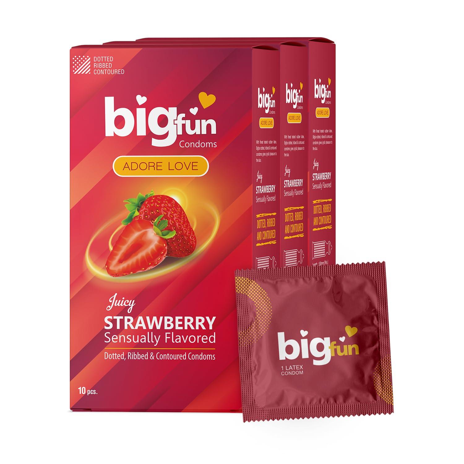 BIGFUN Bigfun Flavoured Dotted, Ribbed & Contoured Long Last Condoms For Men Count 10 - Total 30 Pcs (Juicy Strawberry, Pack of 3)