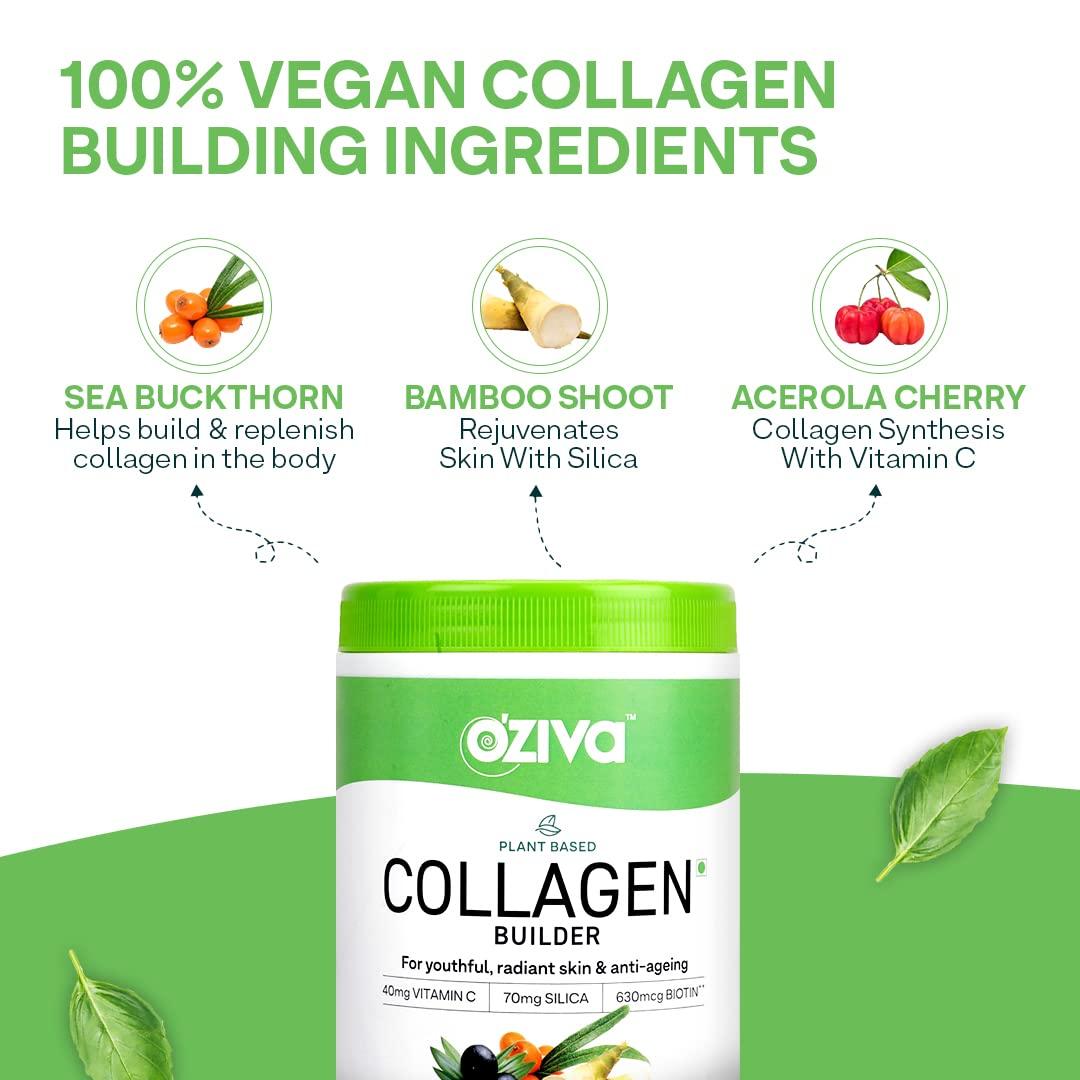 OZiva OZiva Plant Based Collagen Builder for Glowing & Youthful Skin | Collagen Powder for Women & Men | With Biotin, Silica & Vitamin C (Collagen Berry Orange + Biotin Xtra)