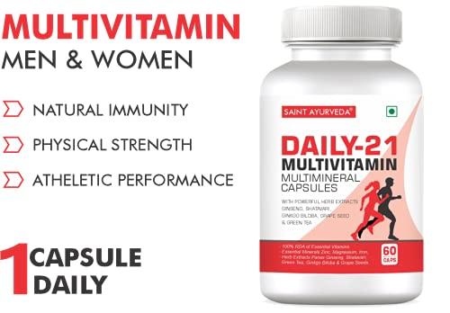 Saint Ayurveda Saint Ayurveda Daily 21 Multivitamin for Men & Women with All 13 Vitamins, Minerals & 5 Powerful Herbs (60 Capsules)