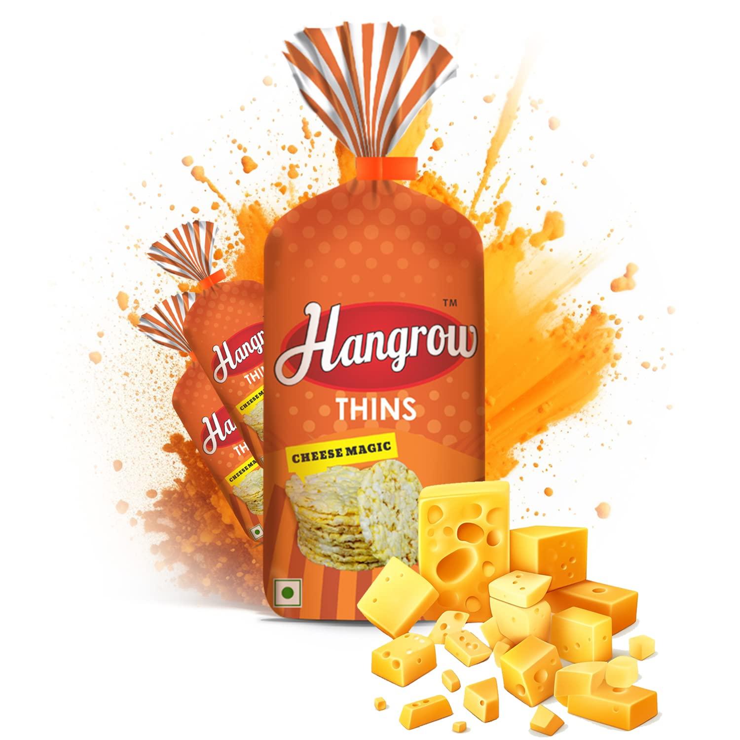 HANGROW Hangrow Thins Cheese Magic (150g) - Gluten Free | Popped Corn | Healthy Snack | Low Fat | High Fiber | Irresistible Flavor of Deliciously Melting Cheese for a Magical Taste Experience! (3+1FREE)