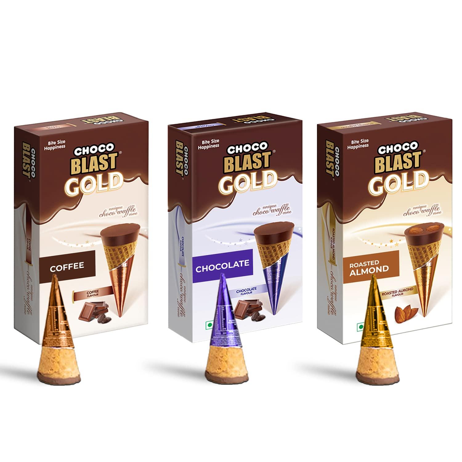 Pure Temptation Pure Temptation Gold Chocoblast Chocolate Pack - Choco Filled Waffle Cone Bites - Premium Chocolate Box for Gift - Pack of 3 - Chocolate + Almond + Coffee (Each Pack with 10 Chocolates - 30 Pieces)