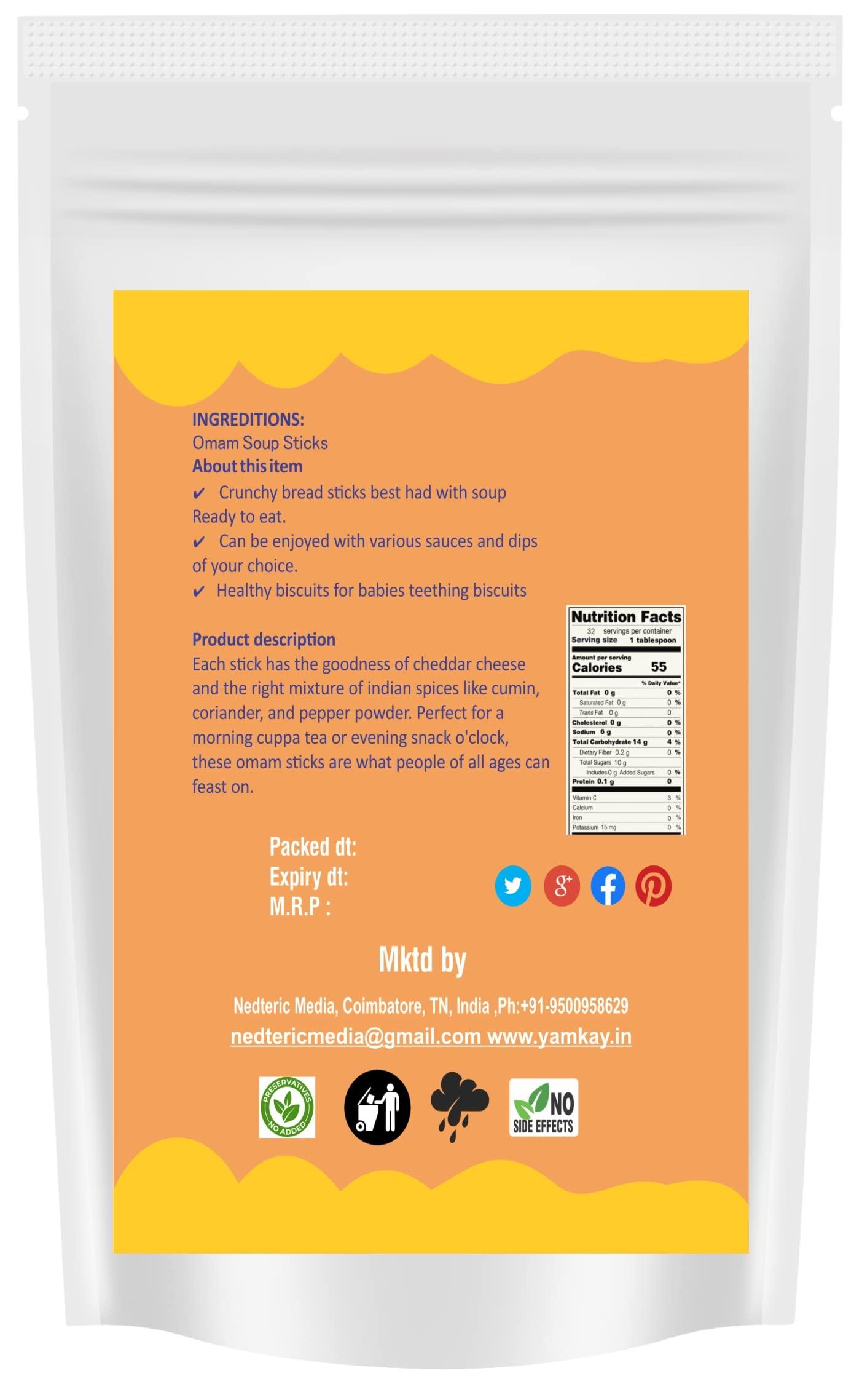YAMKAY Yamkay Omam Jeera Soup Sticks Tasty & Healthy Perfect Nutritious Snack | Organic Baby Teething Sticks | Traditional Omam Bread Sticks | Whole Wheat Ajwain and Ragi Sesame | Tasty and Healthy | Preservative-free & No Maida 100 GM