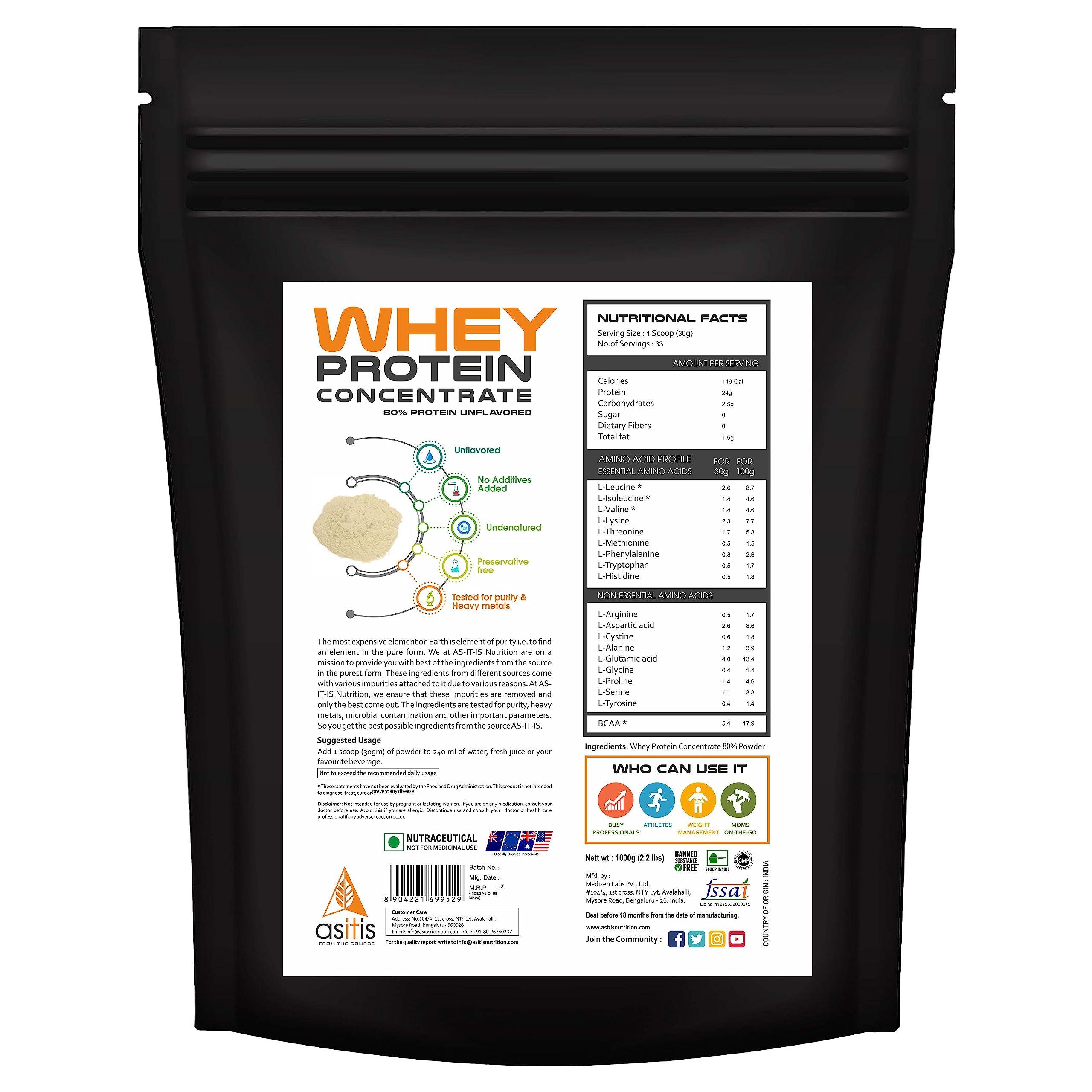 Asitis Nutrition AS-IT-IS Nutrition Whey Protein Concentrate 80% Unflavoured, Labdoor Certified (Whey protein Concentrate 1kg + Creatine 100gms) | Combo pack