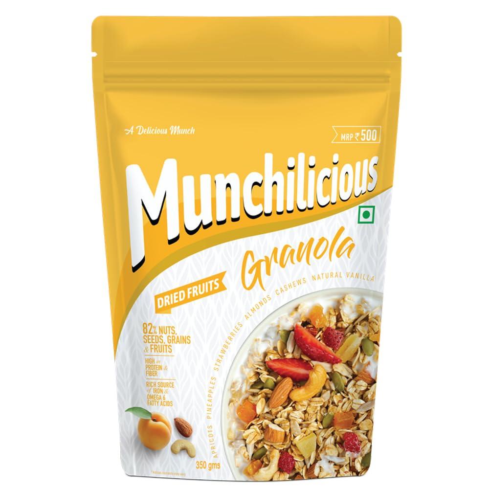 Munchilicious Granola Munchilicious Granola Breakfast Cereal Dried Fruits - 350gm | 82% Nuts, Seeds, Grains & Fruits | High in Protien & Fiber | Source of Omega | Oat Flakes | Ready To Eat Healthy Granola For Breakfast