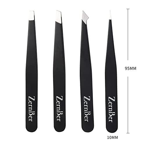 ZERNBER ZERNBER Tweezers for Women Stainless Steel Precision Tweezer Set with Leather Bag ,Eyebrow Tweezers for Facial Hair, Ingrown Hair, Splinters and More (4 Count)