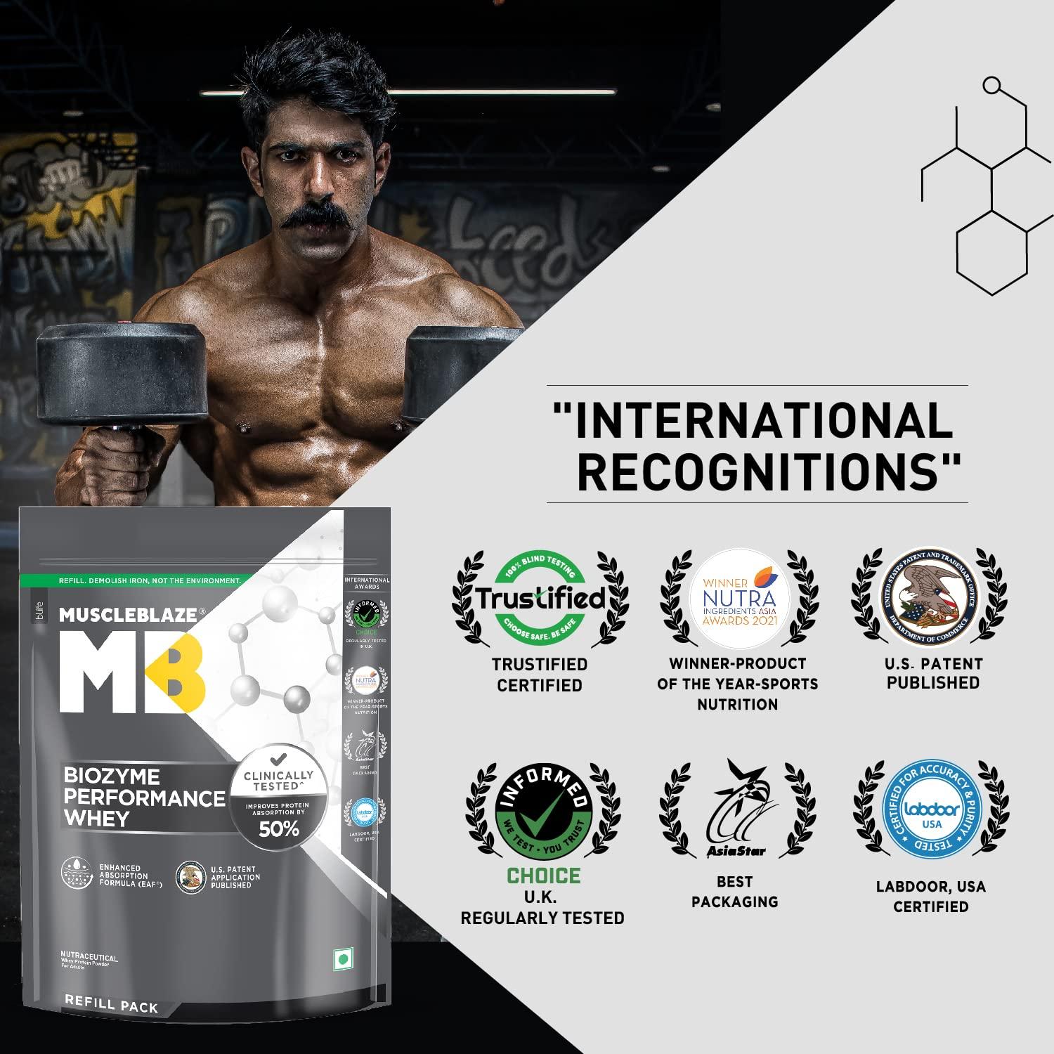 MuscleBlaze MuscleBlaze Biozyme Performance Raw Whey Protein | Clinically Tested 50% Higher Protein Absorption | Informed Choice UK, Labdoor USA Certified & US Patent Filed EAF (Unflavoured, 1 kg / 2.2 lb)