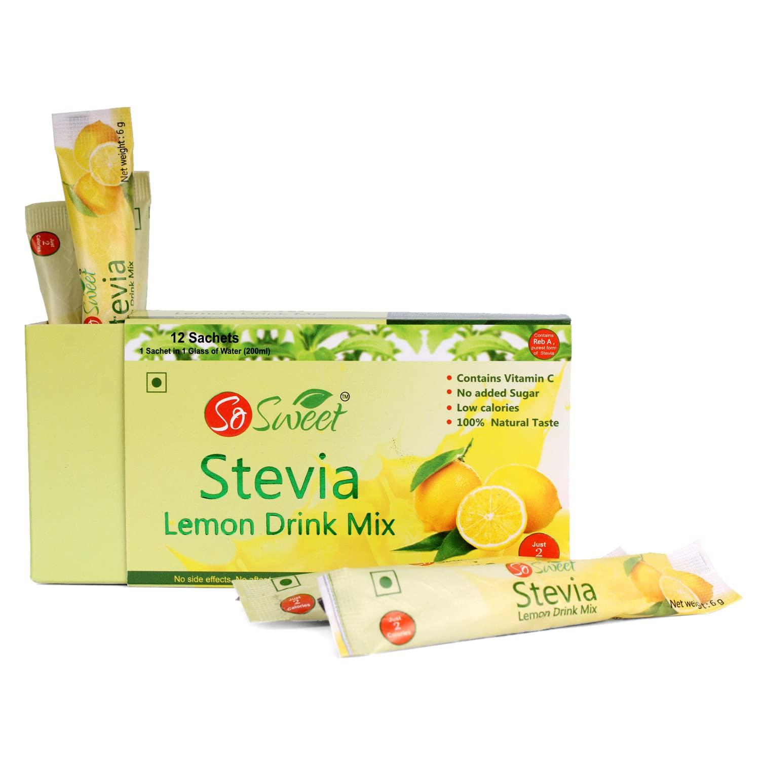 So sweet So Sweet Stevia Lemon Instant Drink Mix Sugar Free | Zero Calories| Enrich with Vitamin C | 12 Sachets