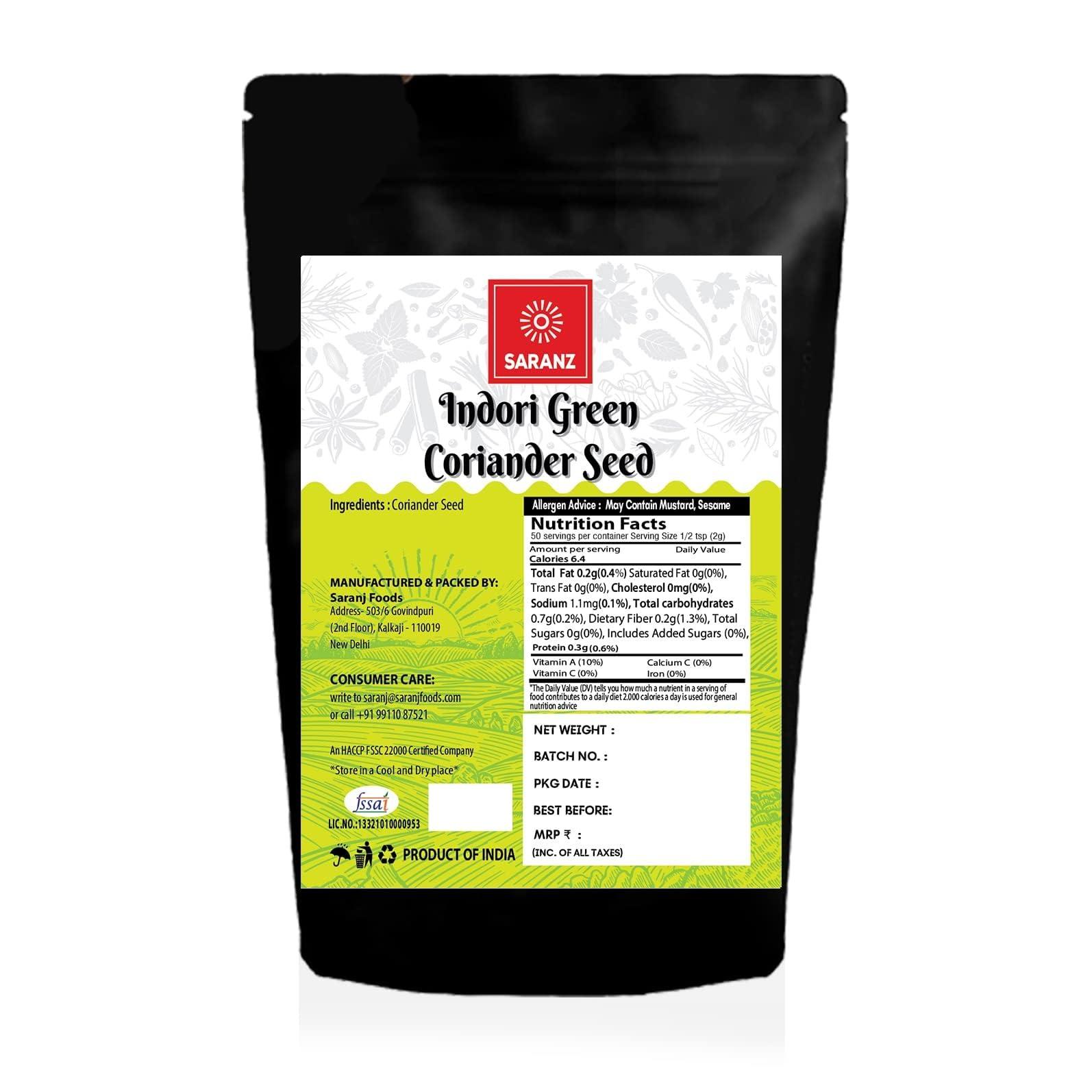 SARANZ SARANZ Indori Green Coriander Seeds, Indori Green Dhaniya, Sabut Dhania Indian Masala Natural and Handmade Premium Artisanal Spices with Rich & Strong Flavour 200 Grams