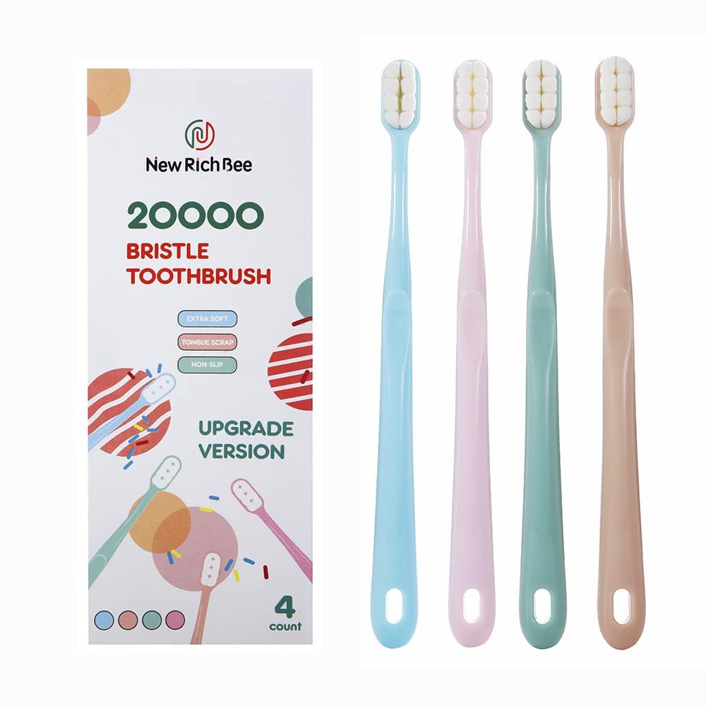 newrichbee Newrichbee 4 Pack Micro Nano Extra Soft Toothbrush for Adults, 20000 Bristle, Soft Toothbrush for Sensitive Teeth or Gum Clean Effectively (Blue, Green, Pink, Flesh)