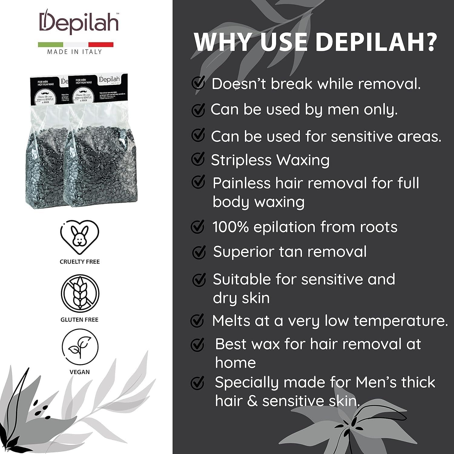 DEPILAH DEPILAH Brazilian Hot Film Wax - 1 Kg Silver Stripless Wax(Men), Pack of 1