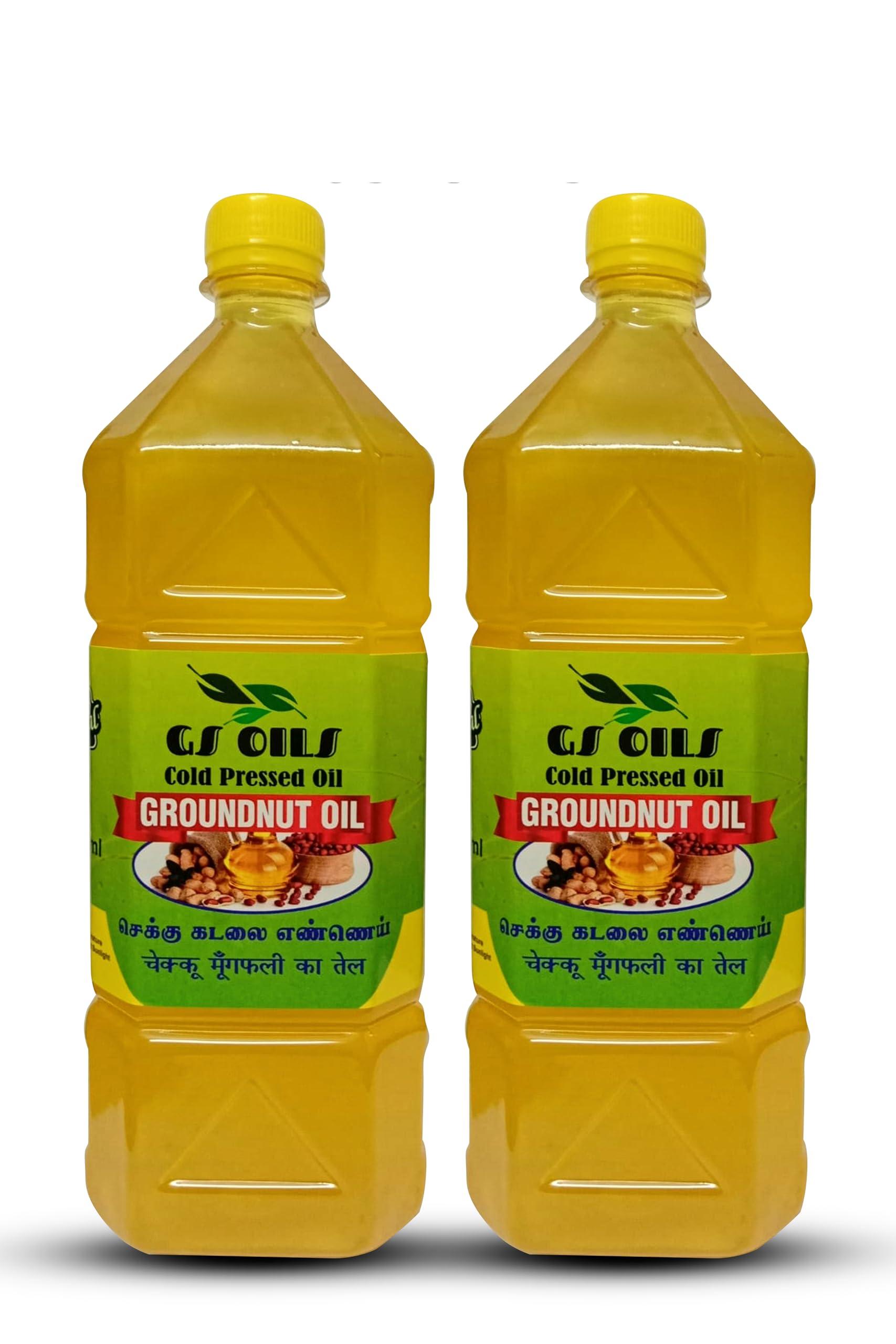 GS OILS GS OILS Cold Pressed Groundnut Oil/Mara Chekku Oil/Wood Pressed Peanut Oil - (1 Litre * Pack of 2)