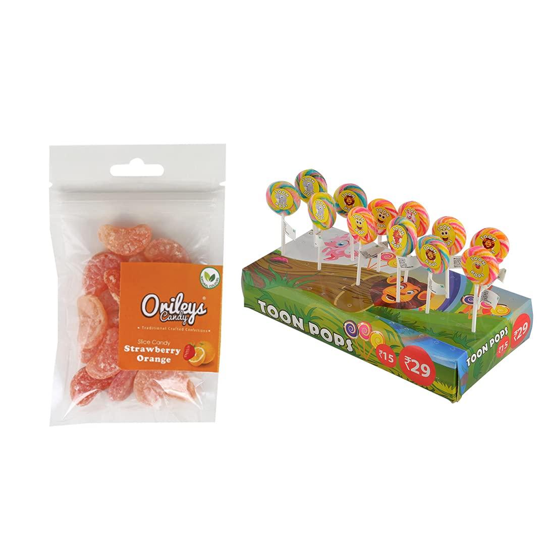 TOON POPS Toonpops Assorted Fruit Swirl Lollipops (12 pcs) + Orileys Strawberry Orange Slice Candy (75g)