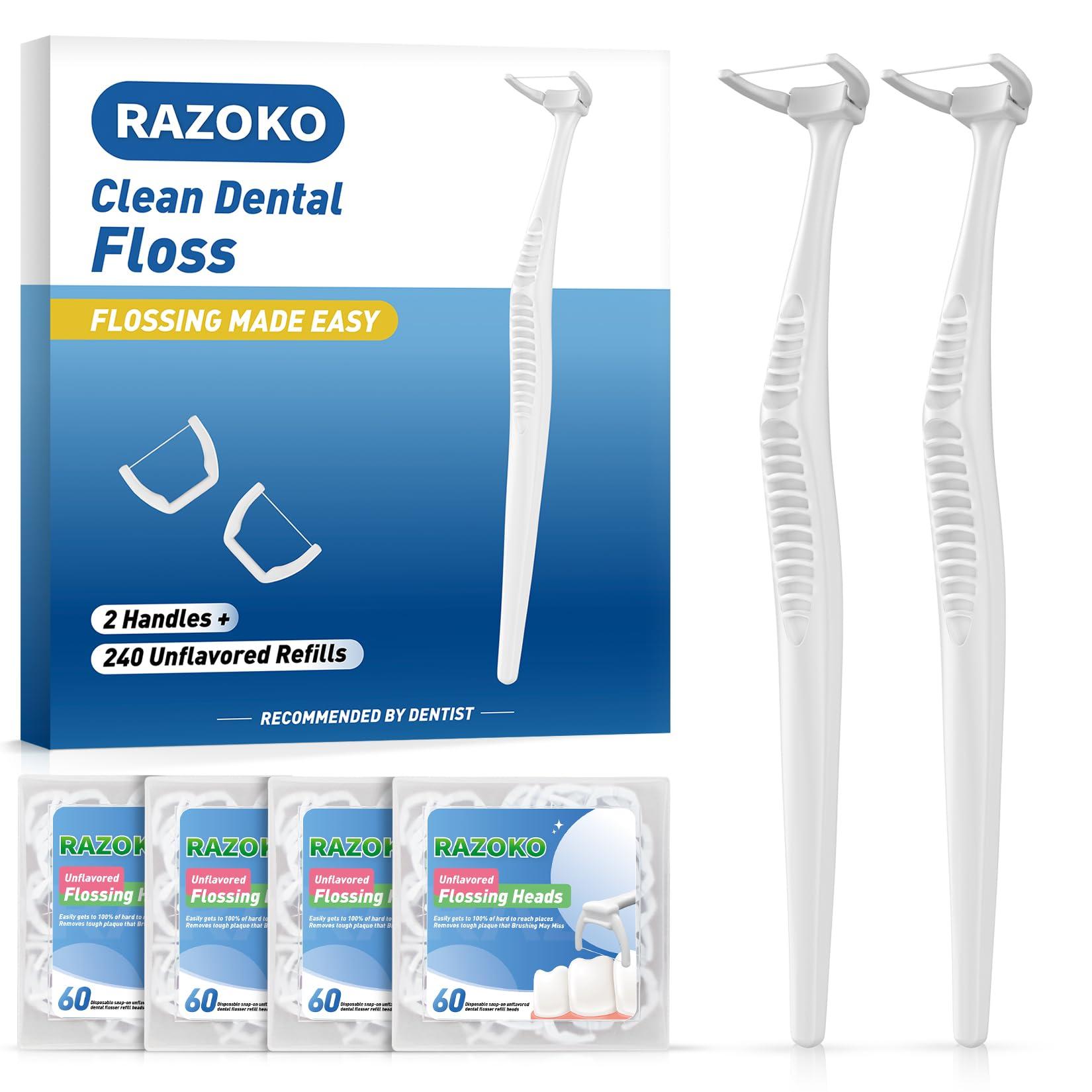 RAZOKO Dental Floss Picks, Clean Dental Flossers Kit with 2 Handles and 180 Extra Strength Refills