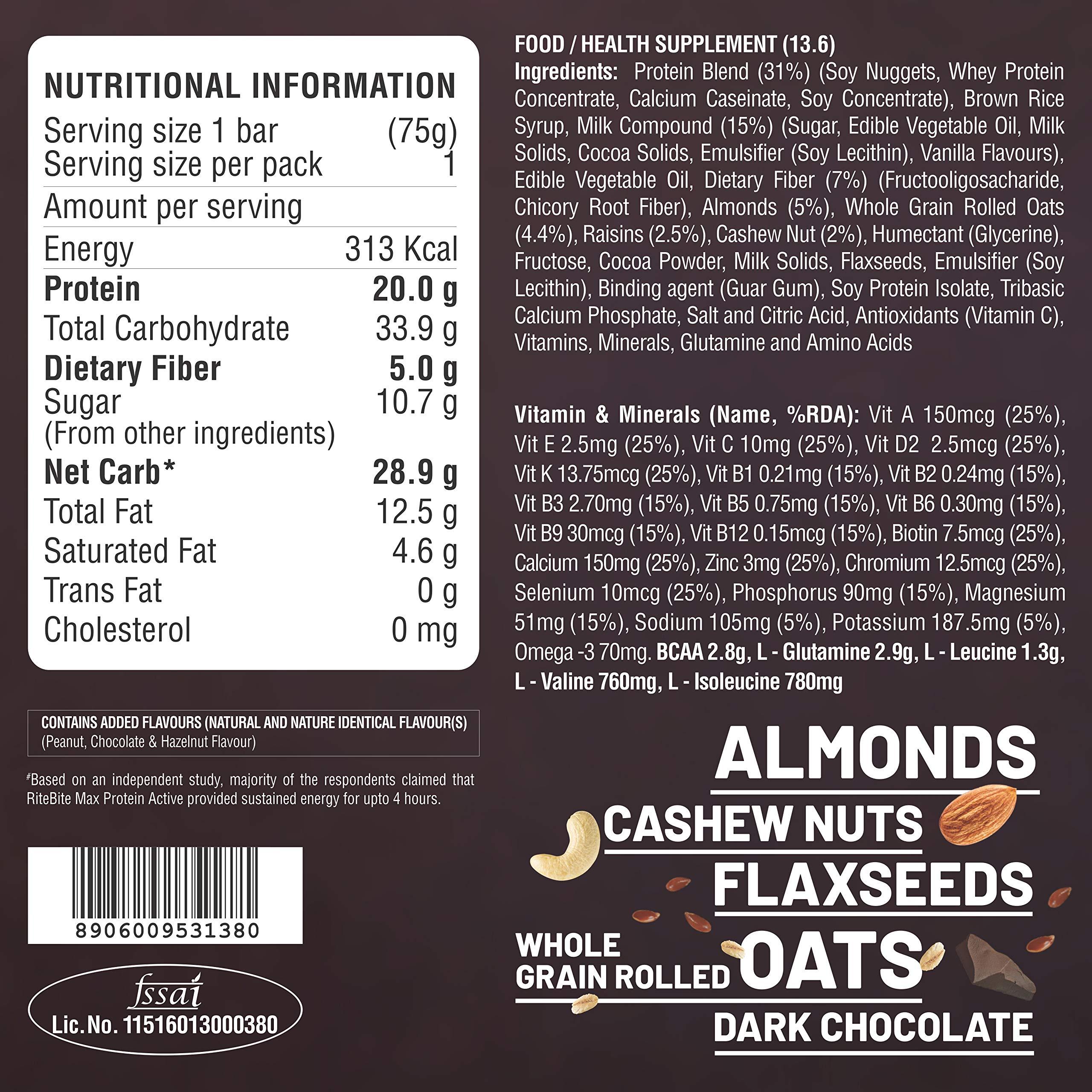 RiteBite Max Protein RiteBite Max Protein Active Choco Fudge Protein Bars (Pack of 12) * 75gm each 20g Protein Blend, Fiber, Vitamins & Minerals, No Preservatives, 100% Veg, For Energy, Fitness & Immunity