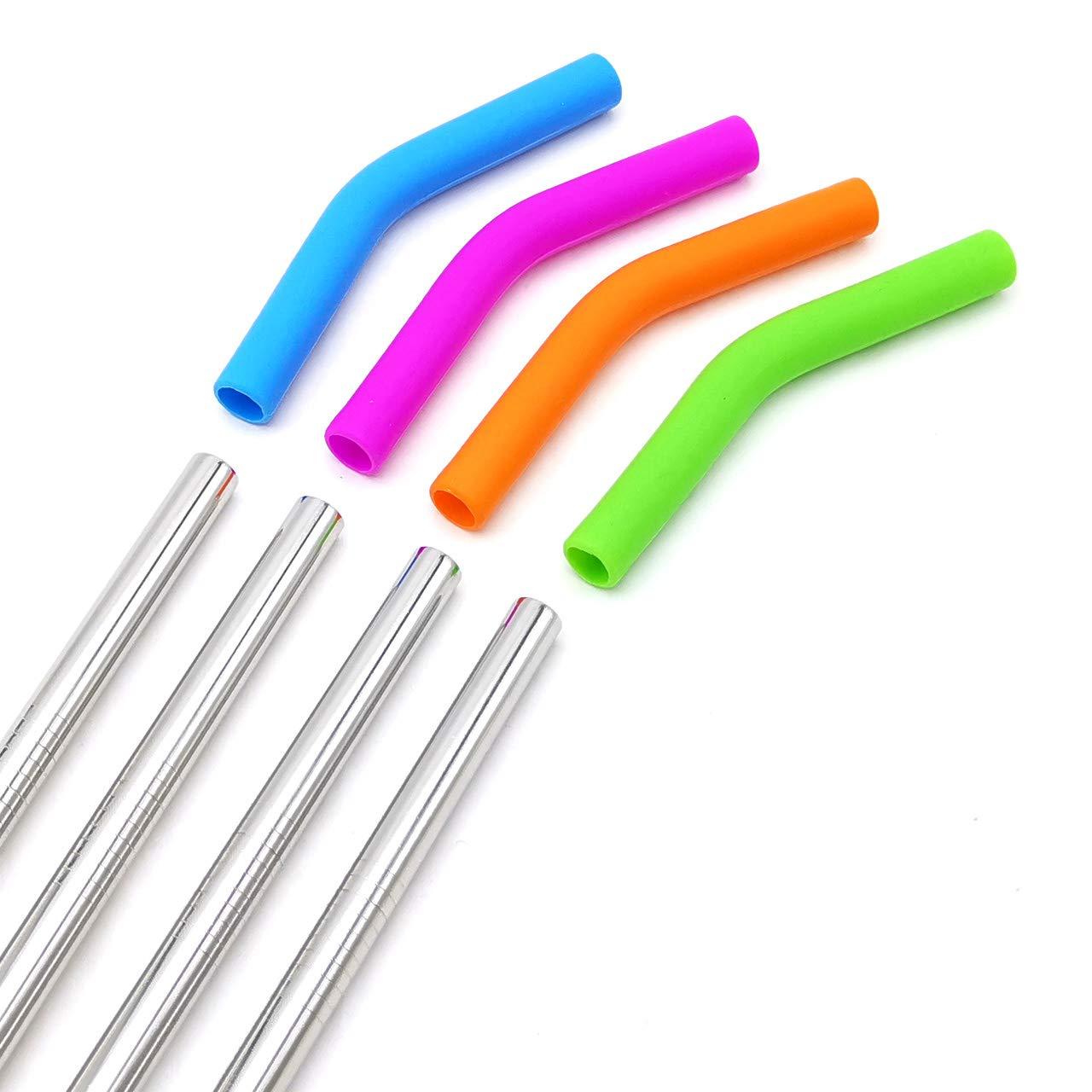 GFDesign Big Drinking Straws Reusable 14.5\" Extra Long 8mm Extra Wide Food-Grade 18/8 Stainless Steel Silicone Elbows Tips for Smoothie Milkshake Cocktail Juice Hot Drinks - Set of 4 + 2 Cleaning Brushes