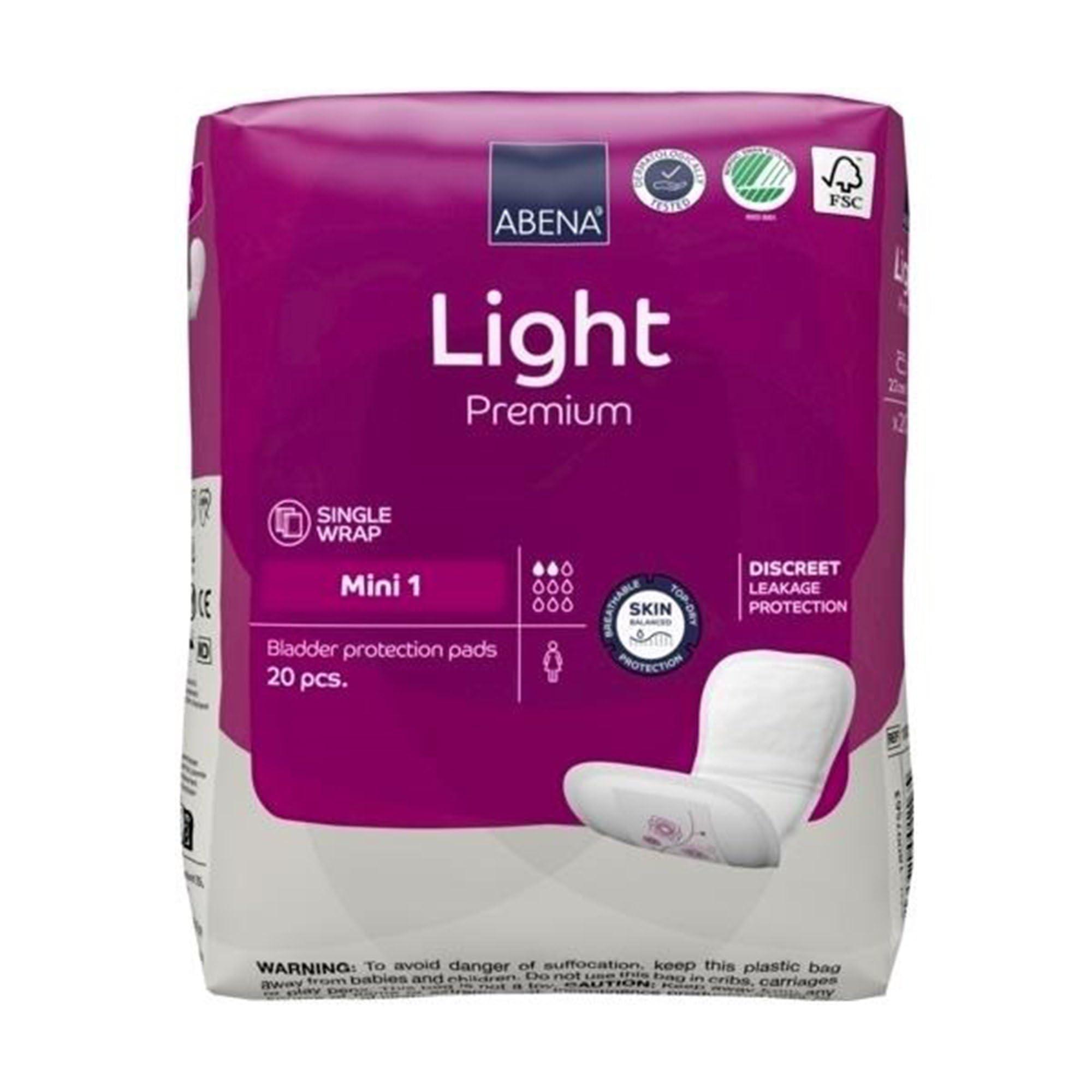 ABENA Abena Light Incontinence Pads For Women, Anatomically Designed Barriers For Urinary Leak Protection, Breathable, Comfortable with Fast Absorption, Self-adhesive Strips - Light Mini 1, 180ml, 20 Count