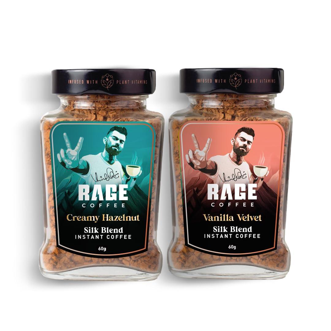 RAGE COFFEE Rage Coffee Silk Blend Instant Coffee | Creamy Hazelnut & Vanilla Velvet Silk Blend Flavoured Coffee 60 GMs Each | 100% Pure Instant Coffee | Premium, Bold & Smooth | Pack of 2
