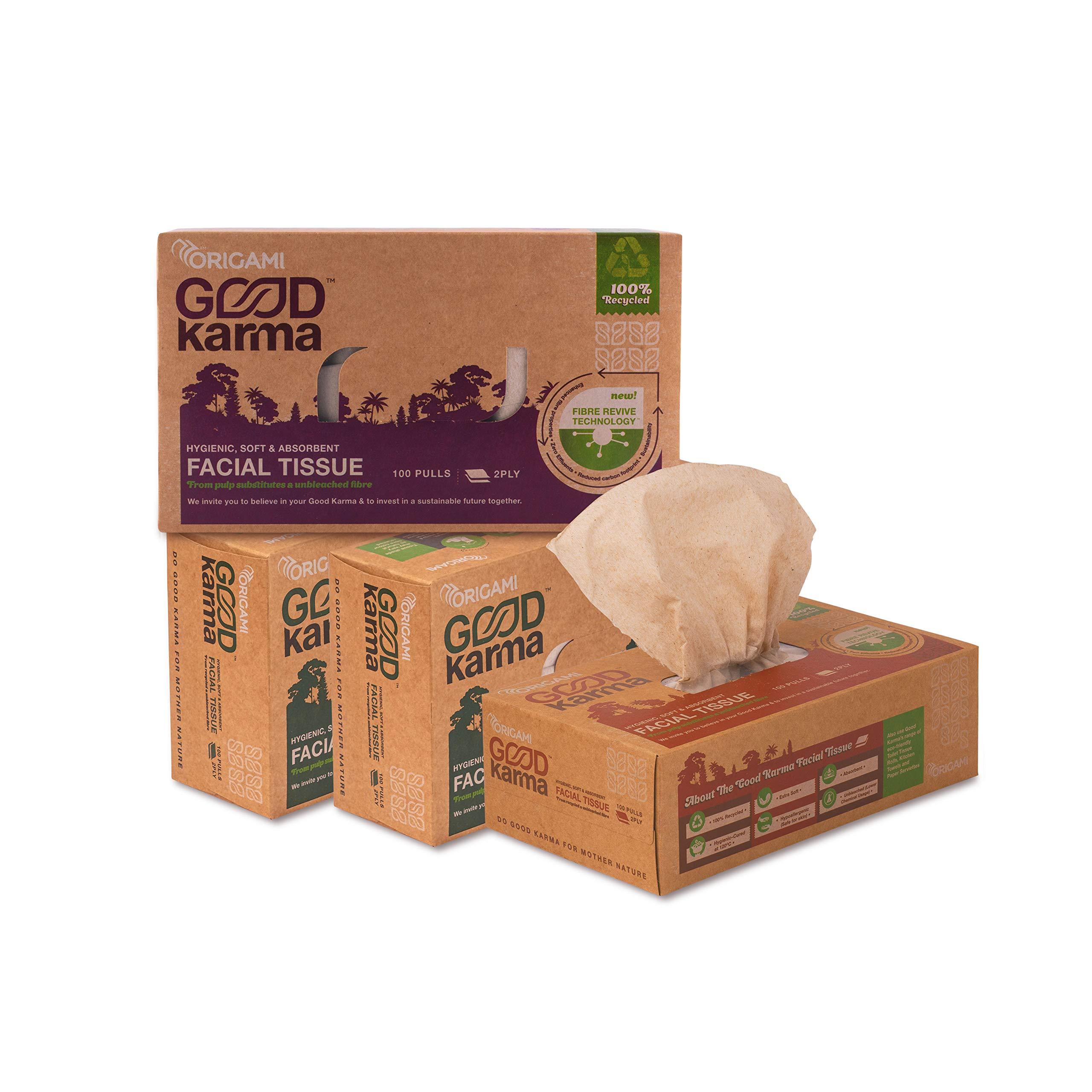 Origami Origami Good Karma 2 Ply Eco-Friendly Unbleached Facial Tissue Box | Car Tissue - Pack of 4 (100 Pulls Per Box, 400 Sheets)