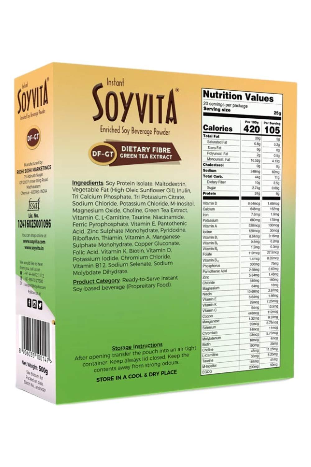 Soyvita SOYVITA - Dietary Fibre Green Tea Extract | Lactose Free | Vegan | ENRICHED Soy Beverage Powder | Serves-20 (500 GMS)