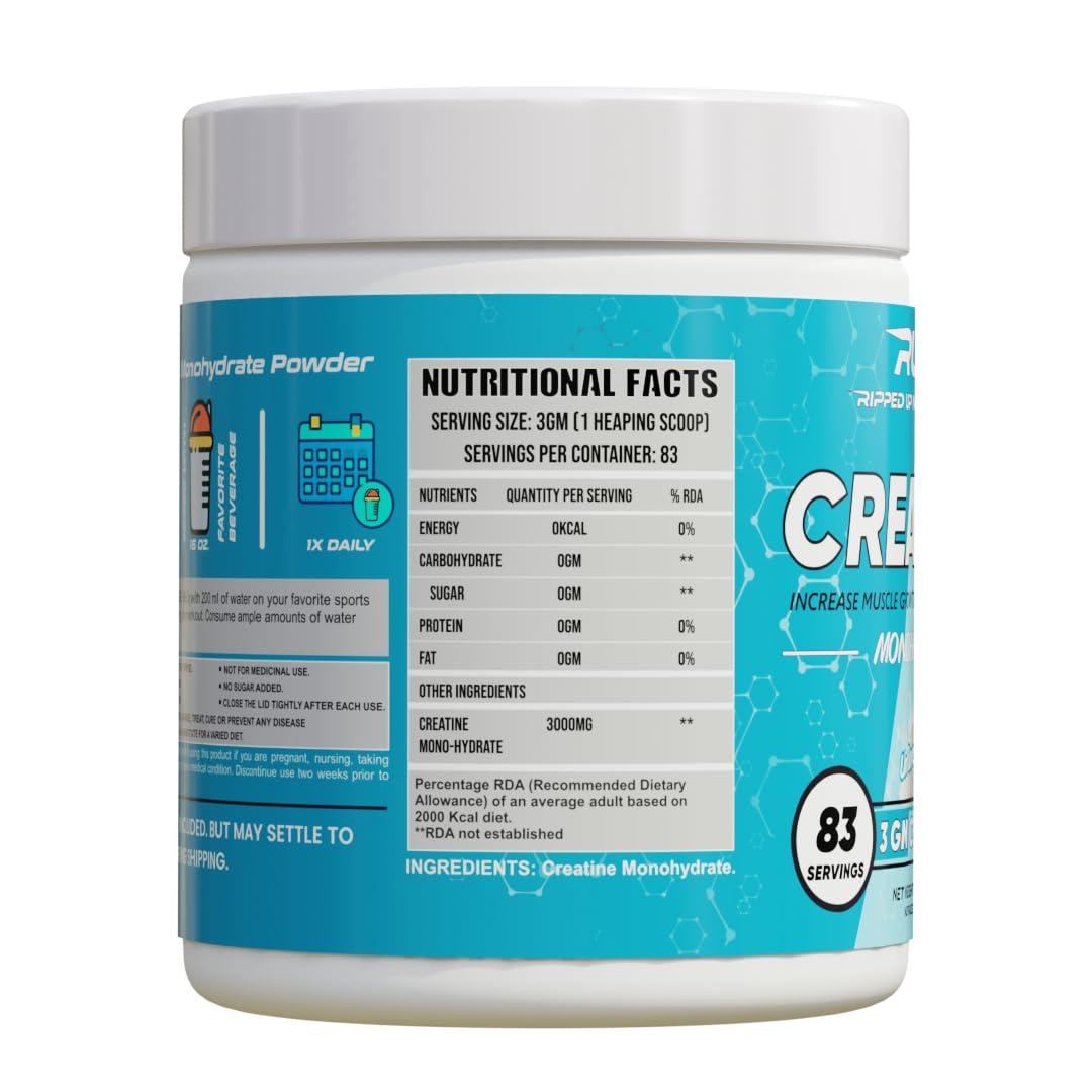 Ripped Up Nutrition Ripped Up Nutrition Ultra-Pure Micronized Creatine Mono-Hydrate (250gm) Improve Overall Strength And Power, Boost Performance, Pre-Post Workout, Build Lean Muscles, Unisex, Supplements, Intense Training, Gym, Athletes, Exercise, Fitness, No Flavours