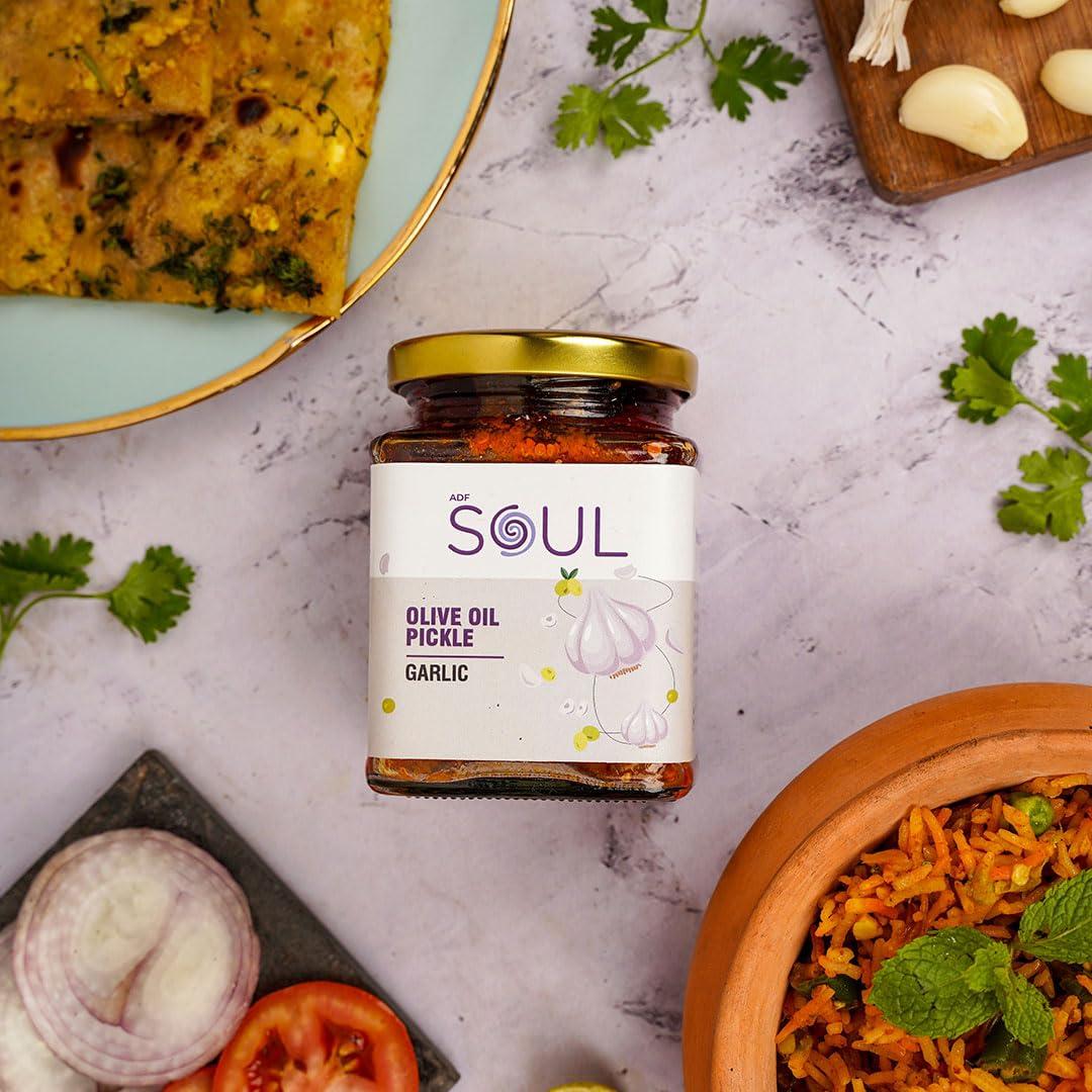 ADF Soul Soul Pickle and Chutney Combo Pack of 3 (Garlic Pickle 275 GM + Red Chilli Pickle 265 GM+ Garlic Chutney 275 GM ) in Olive Oil