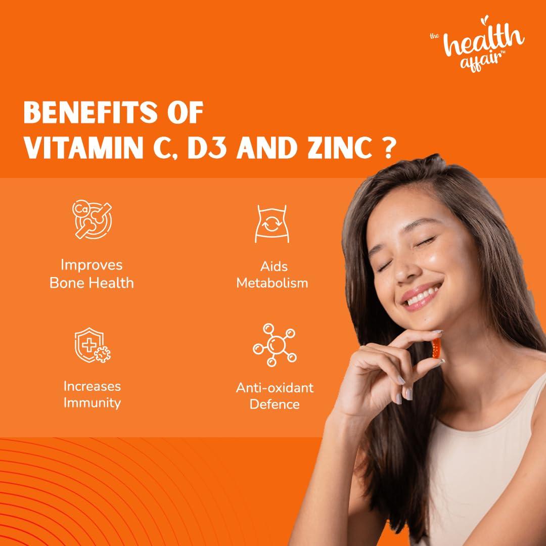 The Health Affair The Health Affair Vitamin C, D3, and Zinc Gummies | Orange flavoured Organic Vegan (30N) | Gluten-Free for Immune System Support, Bone Health and Antioxidant Defense