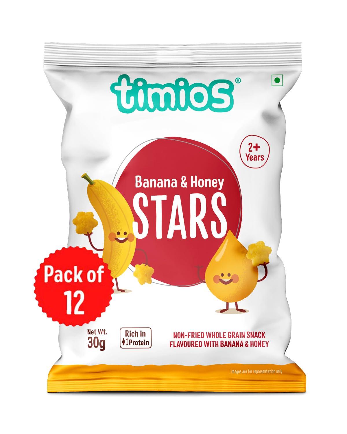 Timios Timios Banana and Honey Stars | Healthy Snacks for Kids | Natural Energy Food Product for Toddlers | Party Snack for School Children 2+ Years | Pack of 12