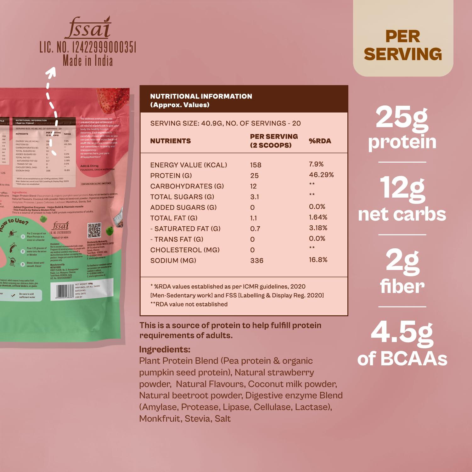 ORIGIN NUTRITION Origin Nutrition 100% Natural Vegan Protein Powder (European Pea Protein Isolate & Pumpkin Seed Protein) Easy to Digest Strawberry Flavour with 25g Plant Based Protein,830g