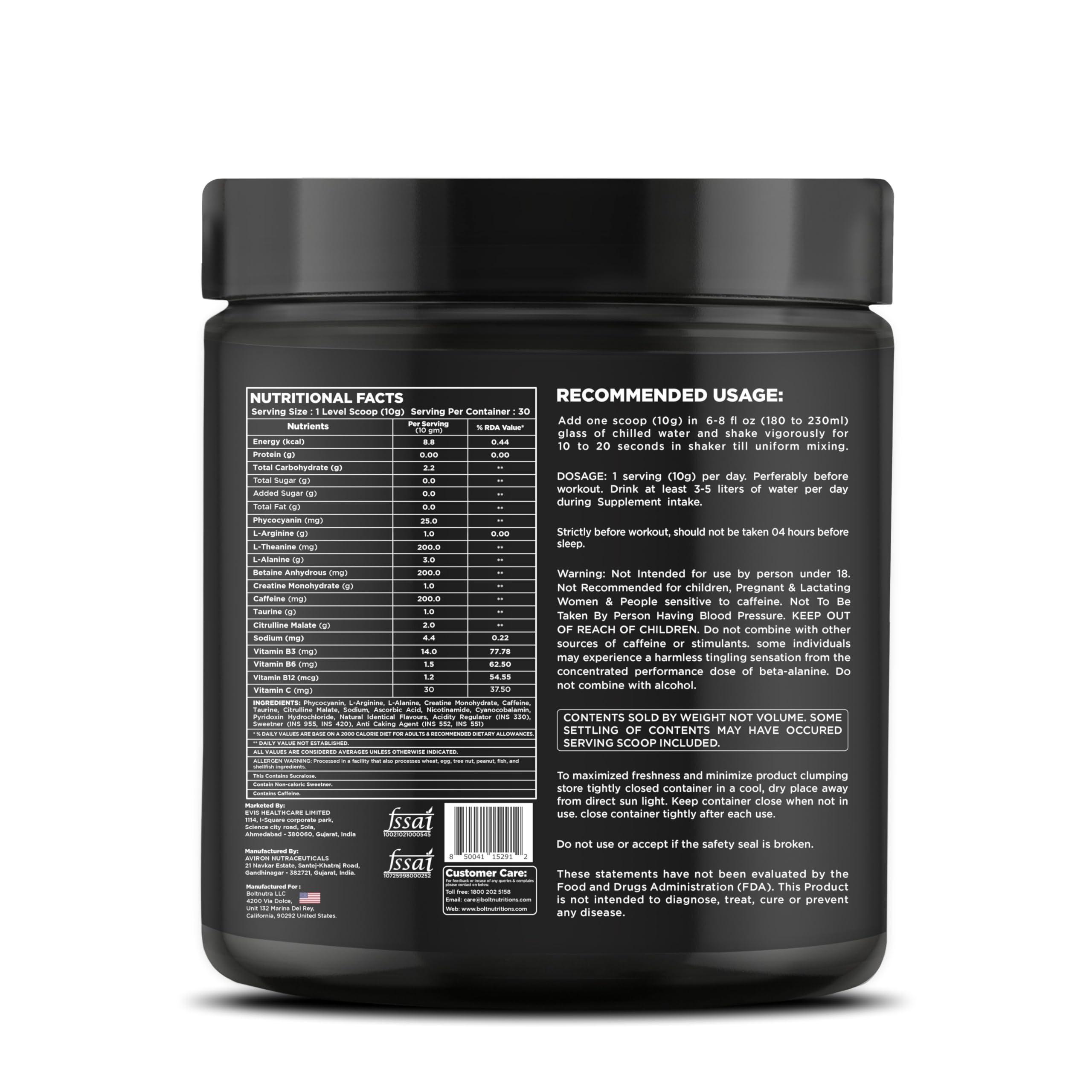 Bolt Bolt Nutrition Pre Workout Supplement With Caffeine Powder, Citrulline Malate, B-Alanine, Taurine For Explosive Energy, Pump & Focus 300G,30 Servings Orange Tangy