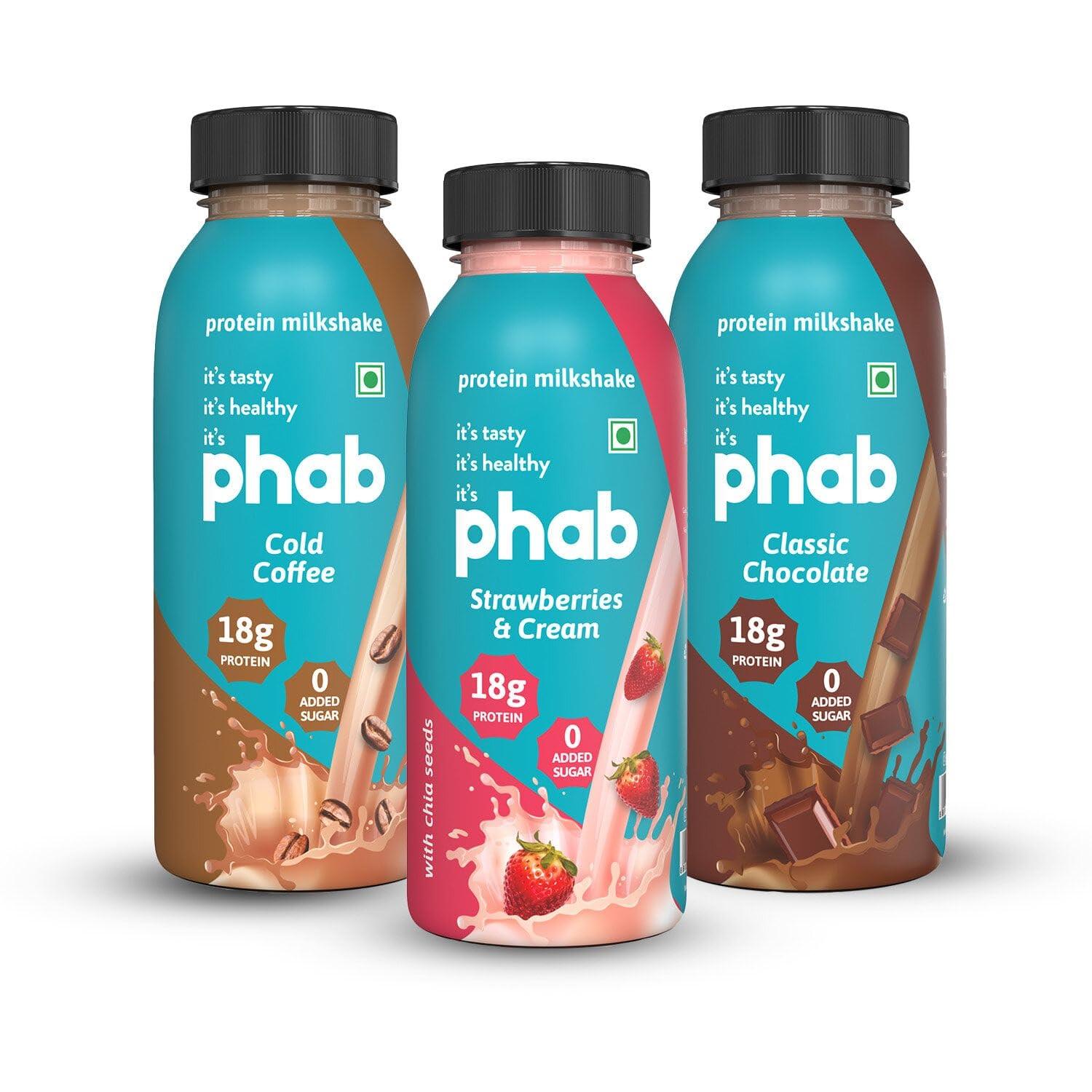 Phab Phab Assorted Protein Milkshakes (200ml, Pack of 24) with 18g Protein & No Added Sugar | Gluten-Free & Gut-Friendly, Trans Fat Free | Rich Source of Fibre & Pre-biotics | Healthy & Delicious Protein Shake