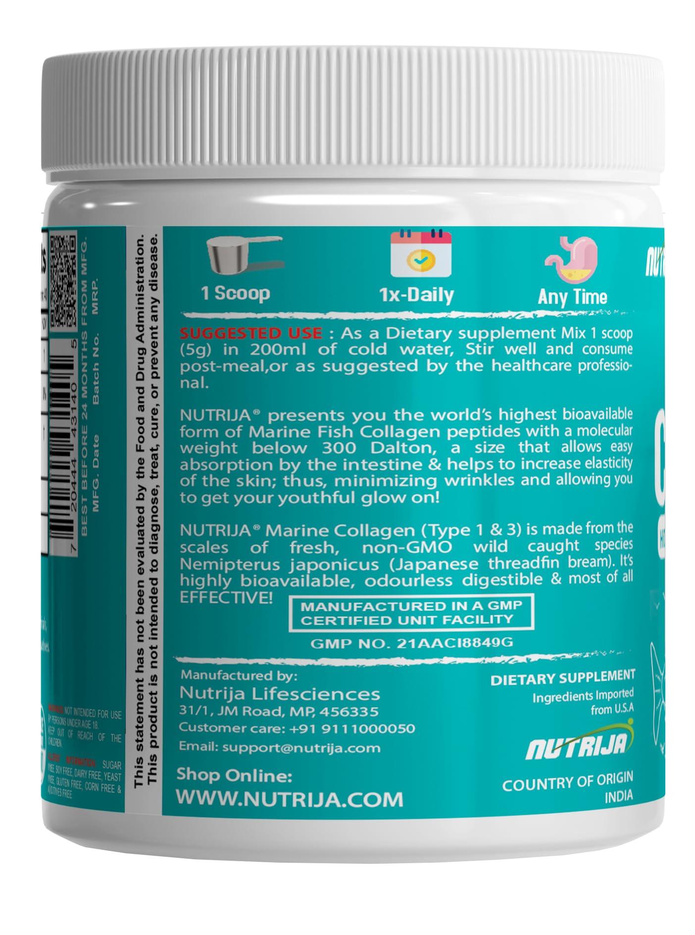 NutriJa NutriJa Marine Collagen Peptides Hydrolyzed Fish Collagen - Highly Bioavailable - 200g | Clinically Proven Ingredient with 95% Protein, Supports Healthy Skin, Hair, Nails, Bone & Joint -Unflavoured