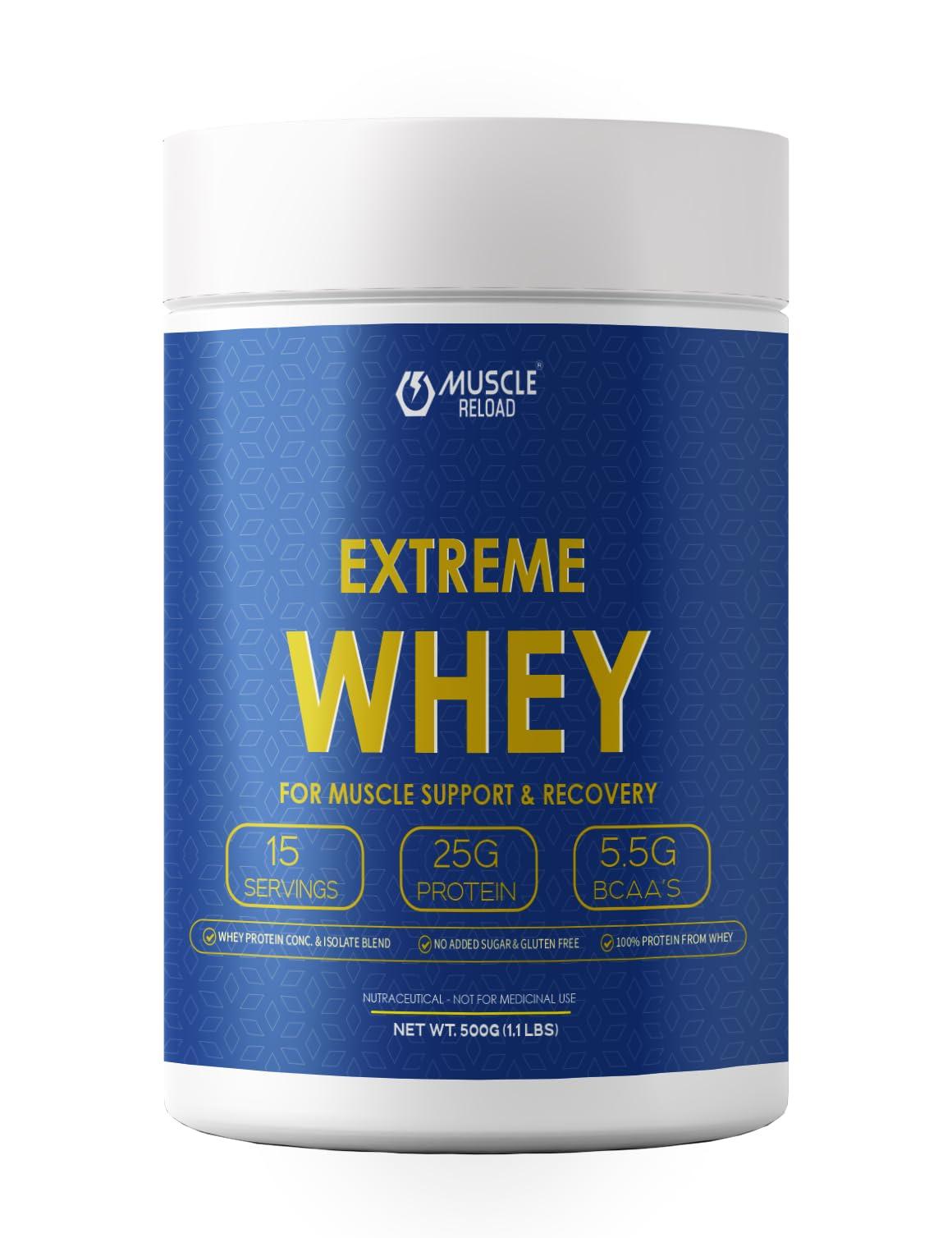 MUSCLE RELOAD Muscle Reload Extreme Whey Protein Blend With Isolate & Hydrolysate |25g Protein I 5.5g BCAA\'S | 4.5g Glutamine with Digezyme 50mg - (Milk Chocolate, 500G) 1.1LBS with 100g Creatine Free