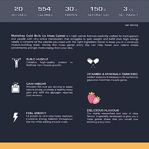 Nutrabay Nutrabay Gold Bulk Up Mass Gainer Powder - 3kg, Strawberry | 30g Protein, 104g Carbs, 554 Calories | Easy to Digest | 100% Veg Muscle Building & Weight Gainer Supplement for Men & Women