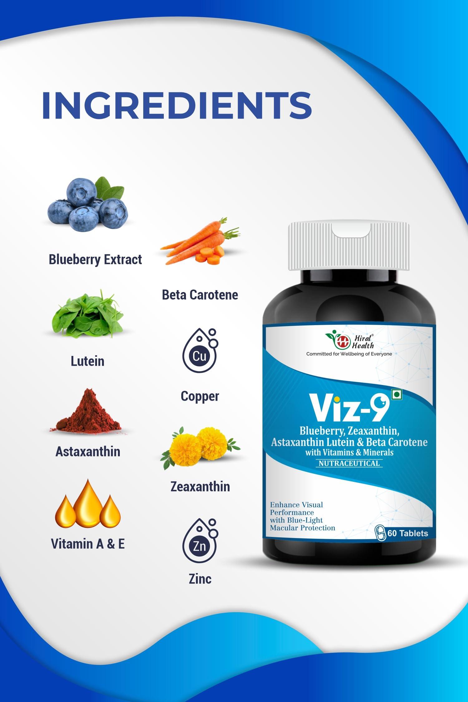 Hiral Health Hiral Health\'s Viz-9 Tablets: Advanced Eye Vitamin with Lutein, Zeaxanthin, Astaxanthin, and Vitamin A eye supplements to improve vision, Protect from Blue Light and UV Rays (60 Tabs)