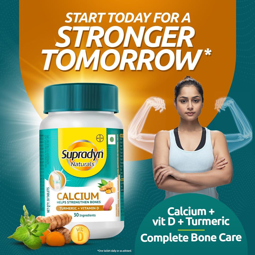 Supradyn Supradyn Naturals Calcium for Men and Women|Multivitamin with Vitamin D, Magnesium, Zinc, Vitamin B 12 & Turmeric|For Bone health and Joint support|Pack of 60 tabs|Veg