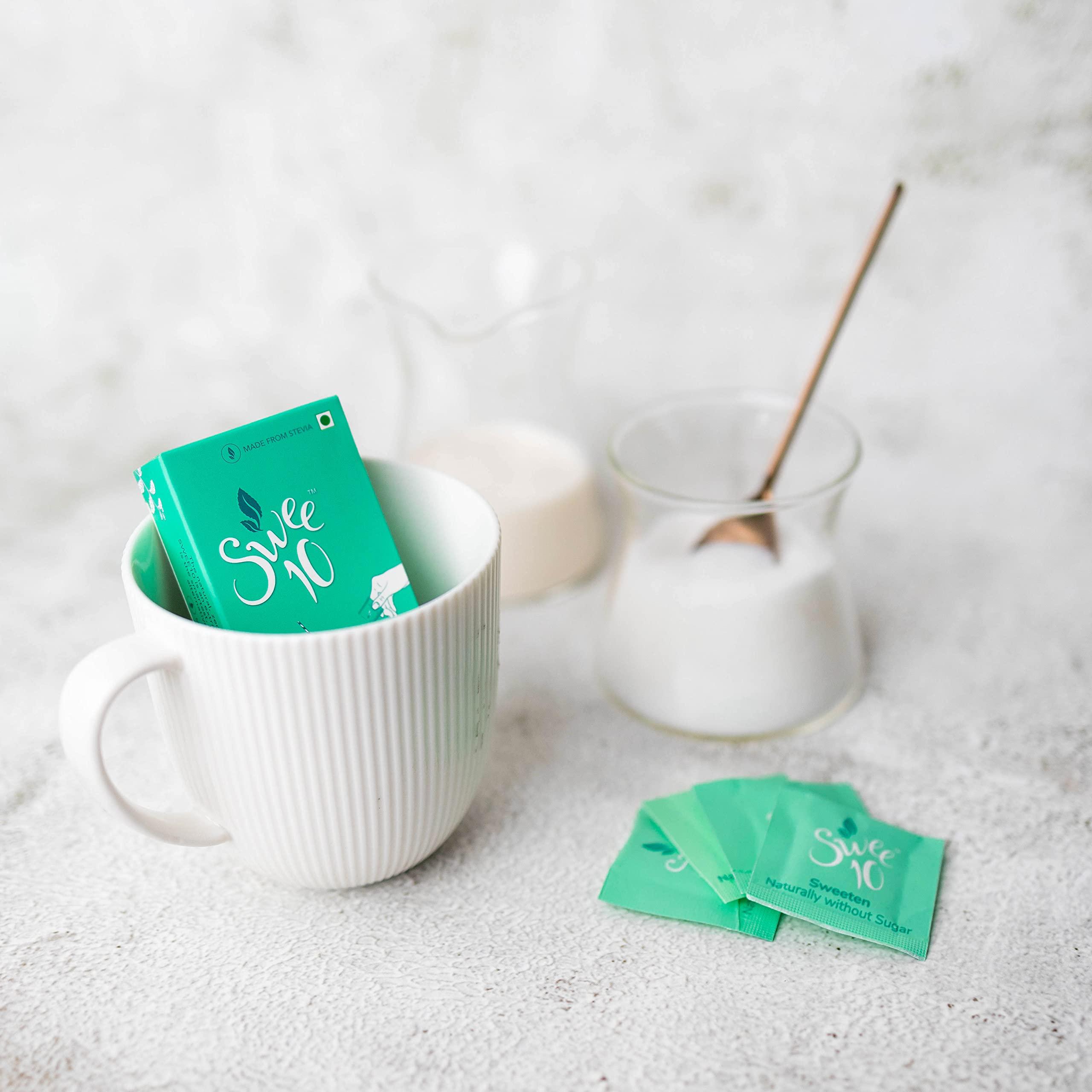 SWEE10 Swee10 Natural Stevia Sweetener - Zero Calorie Sugar Substitute for Low Sugar, Low Carb Diets - Vegan, Non-GMO Powder for Hot & Cold Drinks, Making Coffee & Tea, Cooking & Baking 90g Sachet Box