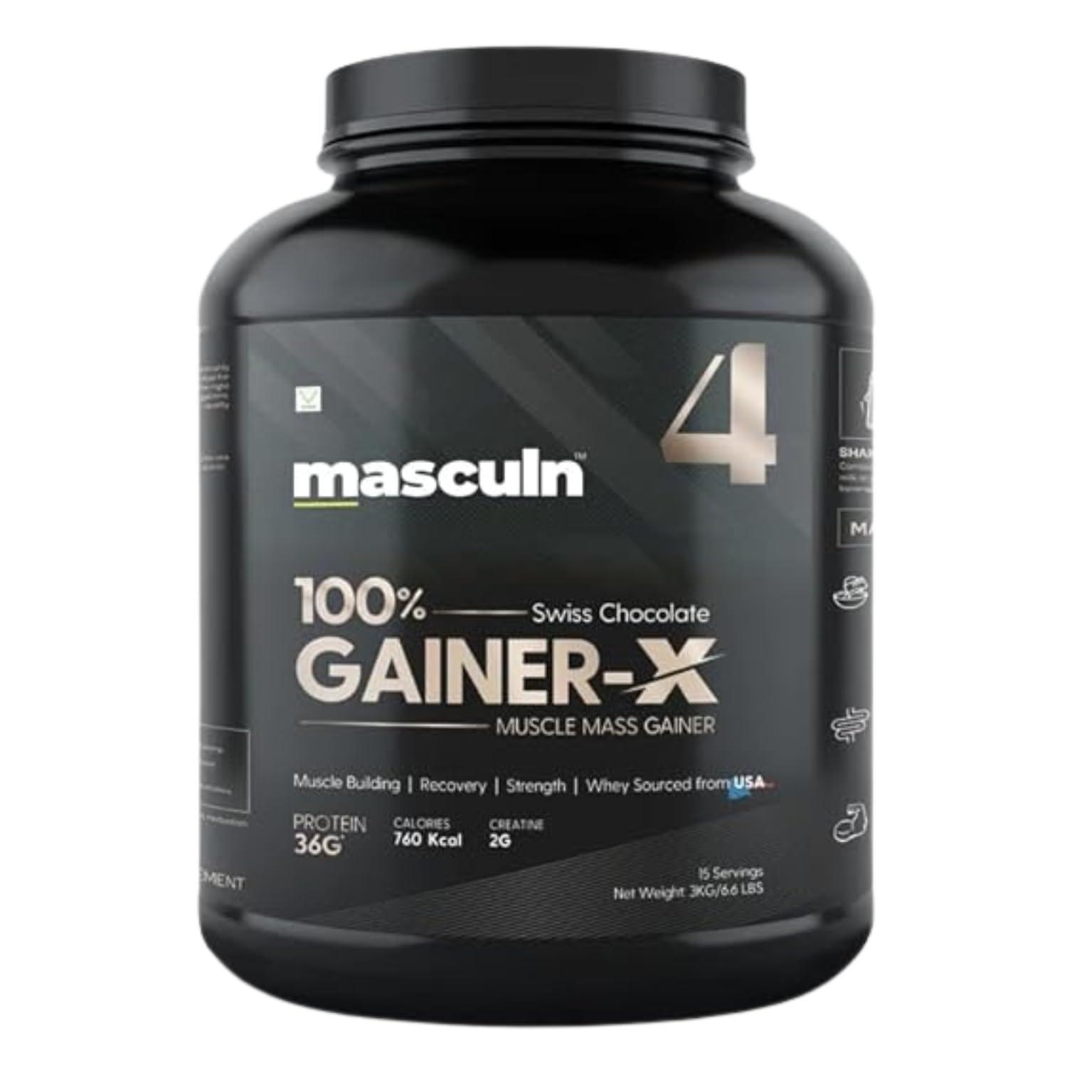 MASCULN MASCULN Mass Gainer Powder 3kg | Lean Muscle Whey Protein Mass Gainer | 36g Protein | Reduces Muscle Breakdown | Mass Gainer Supplement Powder for Men and Women (Swiss Chocolate, 3 kg) Free Shaker