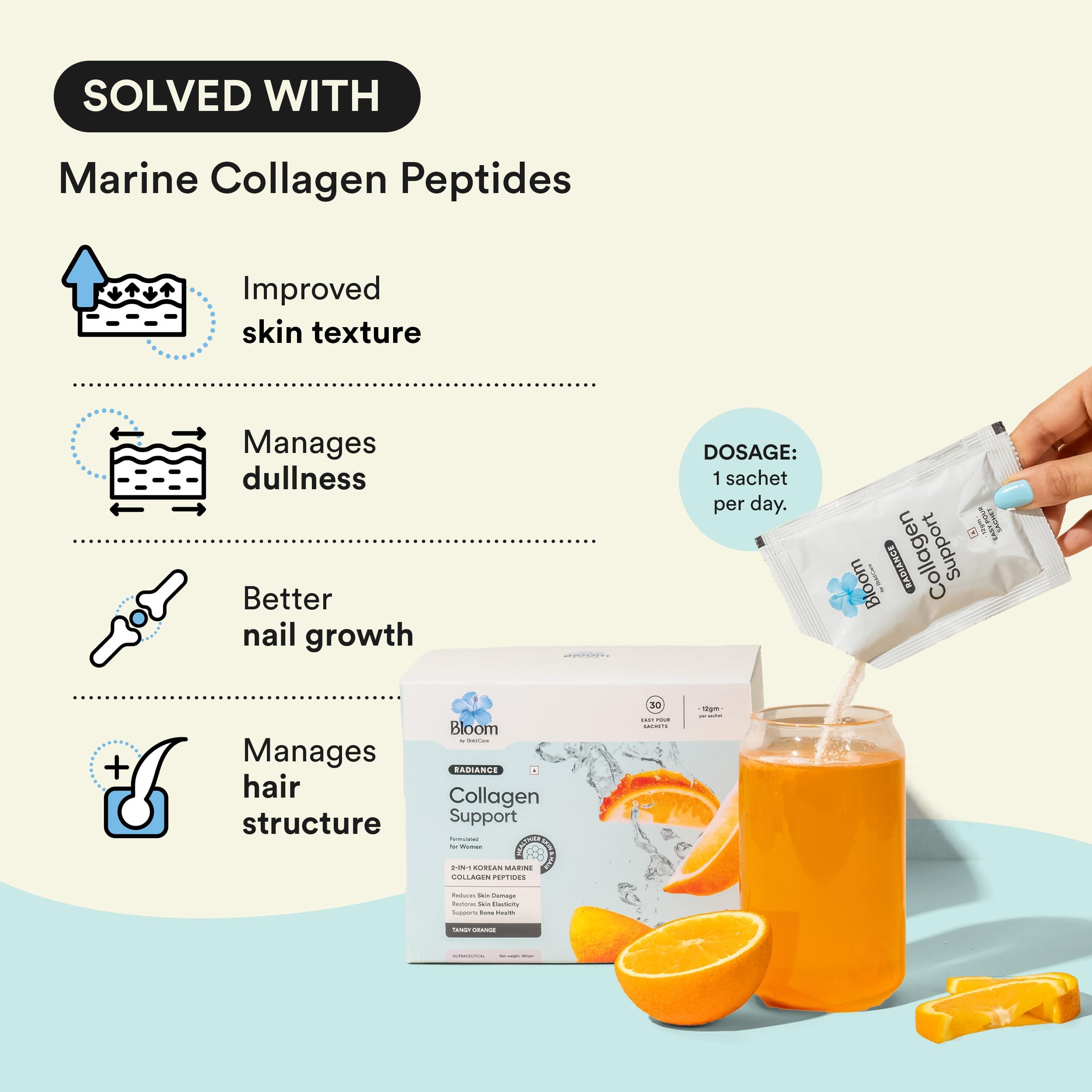 Bloom by Boldcare Bloom Collagen Powder + Antioxidants Easy Pour Sticks | 30 Easy Pour Sticks (Pack of 1) | Collagen Supplements for Women | For Skin Elasticity and Hyperpigmentation | Orange Flavour