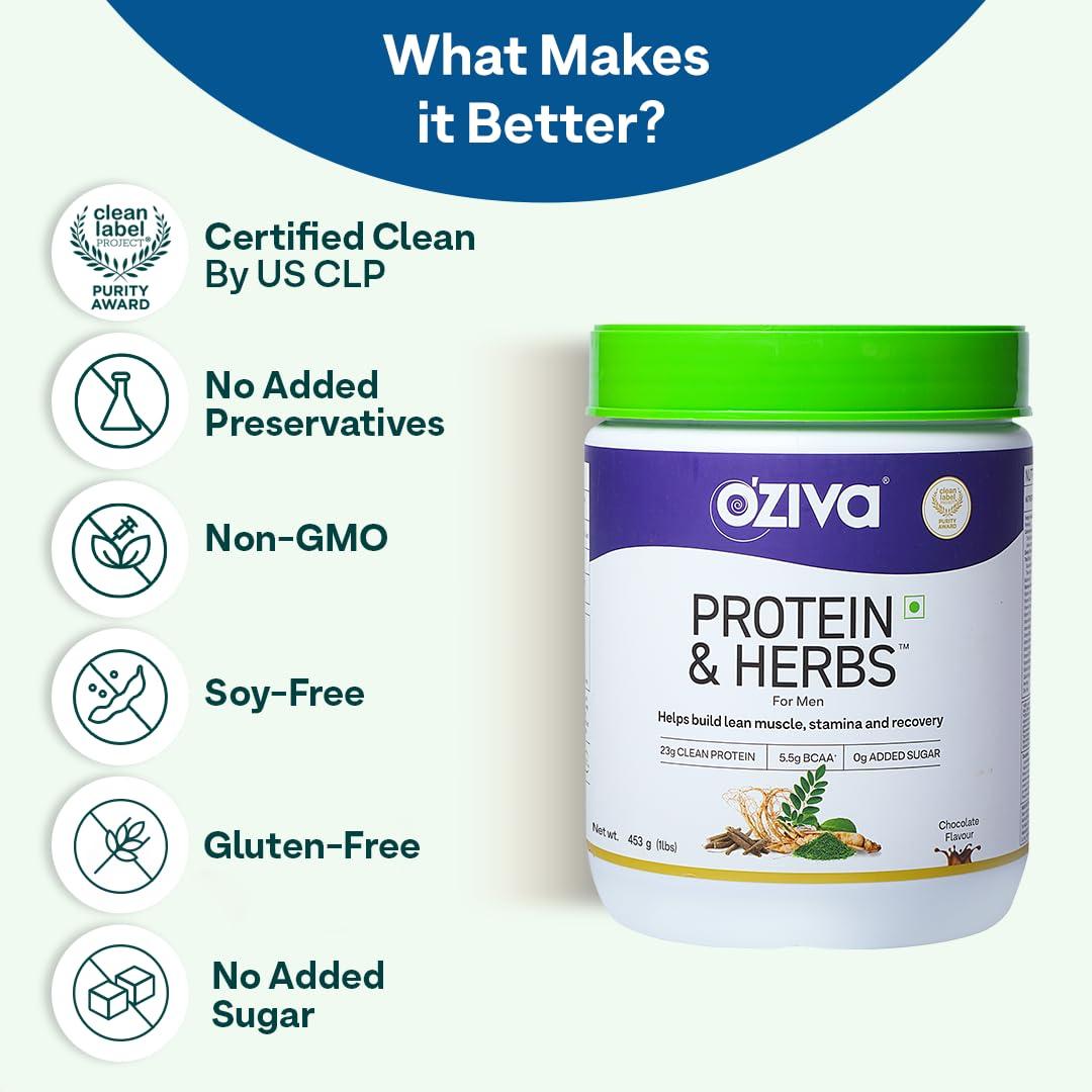 OZiva OZiva Protein & Herbs for Men (Banana Caramel) I Muscle Building, Stamina & Recovery | Clean Protein, Shatavari, Green Tea I No Added Sugar, 1lbs (453gm)