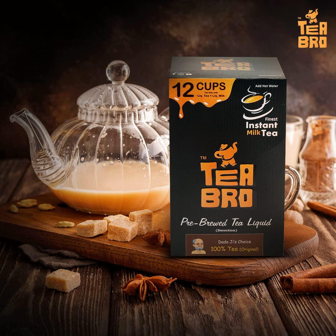 TEA BRO TEA BRO 100% Assam Tea (Original) | Pre-Brewed Tea Liquid Decoction (Concentrate) | Just Add Hot Water | 12 Tea Kits with (Liq. Tea + Liq. Milk + Sugar) - DadaJi's Choice, 100% Tea (Original)