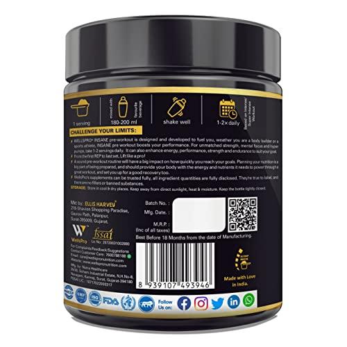 WellsPro Wellspro Insane Pre Workout 250g gym supplements for men Ultimate Performance & Energy Compound with Pump & Vascularity Amplifier, BCAA, Beet root & green tea (Mix Berry Flavor, 16 Servings)