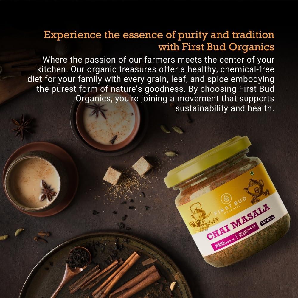 First Bud Organics First Bud Organics Authentic Chai Masala Spice Blend - 100gm | Aromatic & Flavorful Chai Masala, Perfect for Traditional Indian Tea | Chai Masala Powder for Tea, All-Natural Ingredients