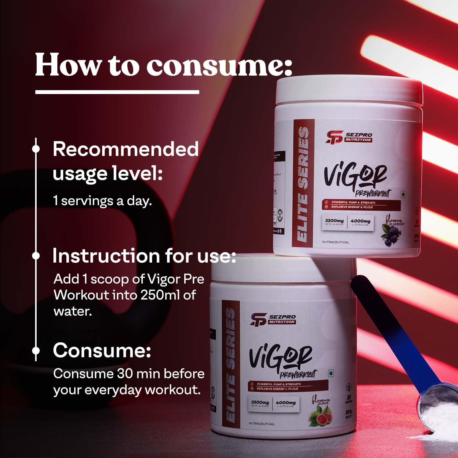 Sezpro Nutrition Sezpro Nutrition Vigor Pre Workout | 300gm | 30 Servings | 300mg Caffeine | 200mg Theanine | 3200mg Beta Alanine | 4000mg Citrulline | Powerful Pump & Strength | Explosive Energy & Focus (Watermelon)