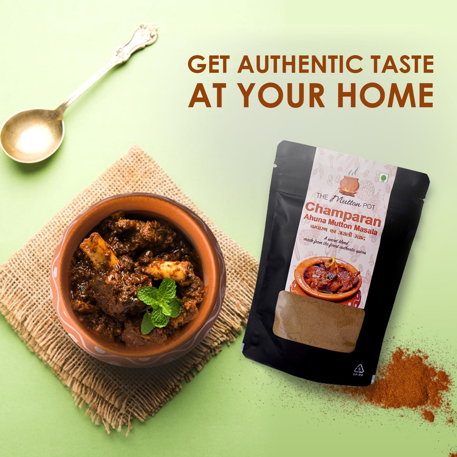 The Mutton Pot The Mutton Pot Champaran Ahuna Handi Mutton Masala 20g | No Preservatives, No Artificial Colors | Home Cooking Indian Meat Masala | Only 20g Required for 1 Kg Mutton | Shipped Fresh | Curry Mix | Bihar\'s Authentic Recipe | Easy to Cook Ahuna Mutton 