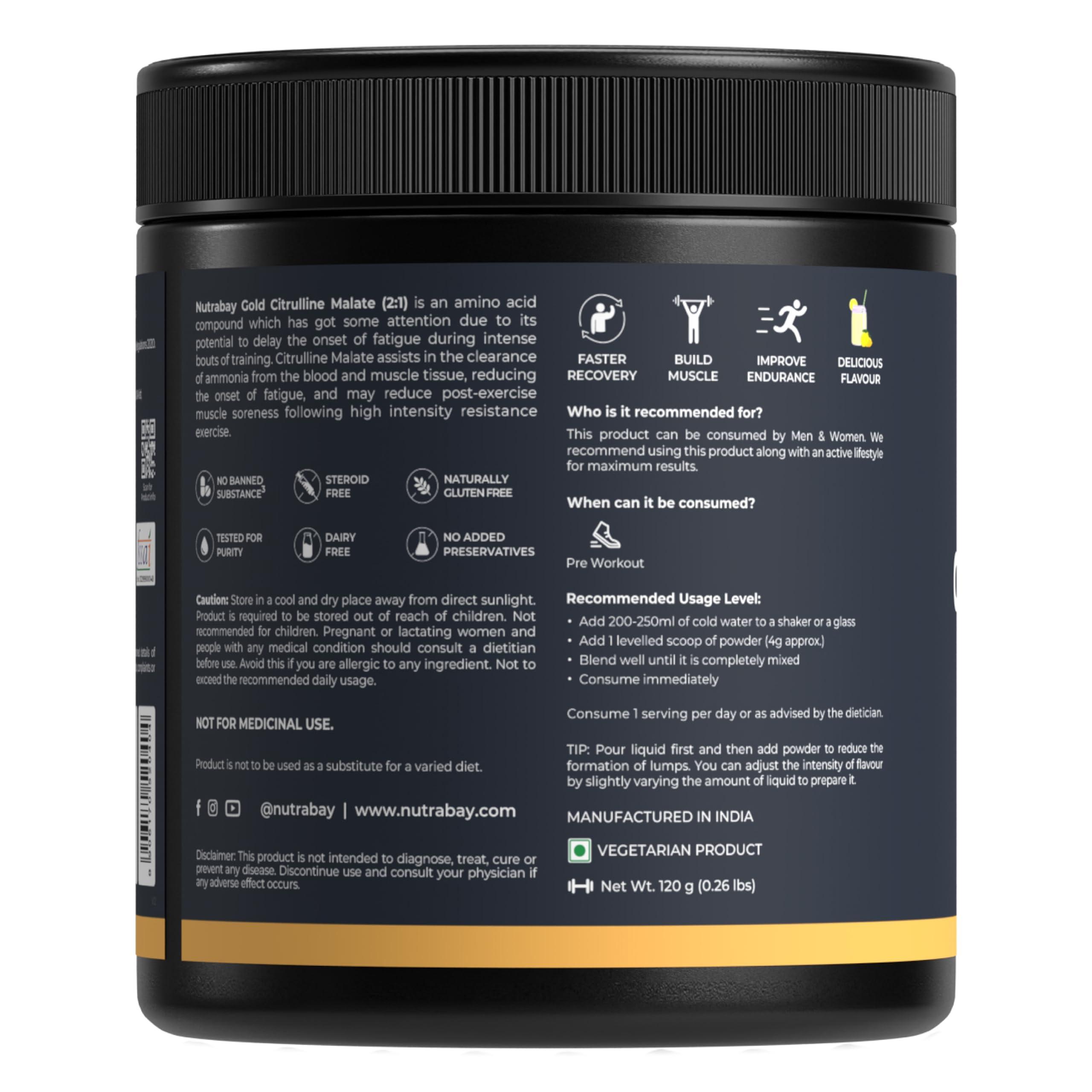 Nutrabay Nutrabay Gold Citrulline Malate 2:1 Supplement Powder - 120g, Lemon Flavor | Boosts Nitric Oxide, Pre Workout Amino Acid for Muscle Strength & Endurance